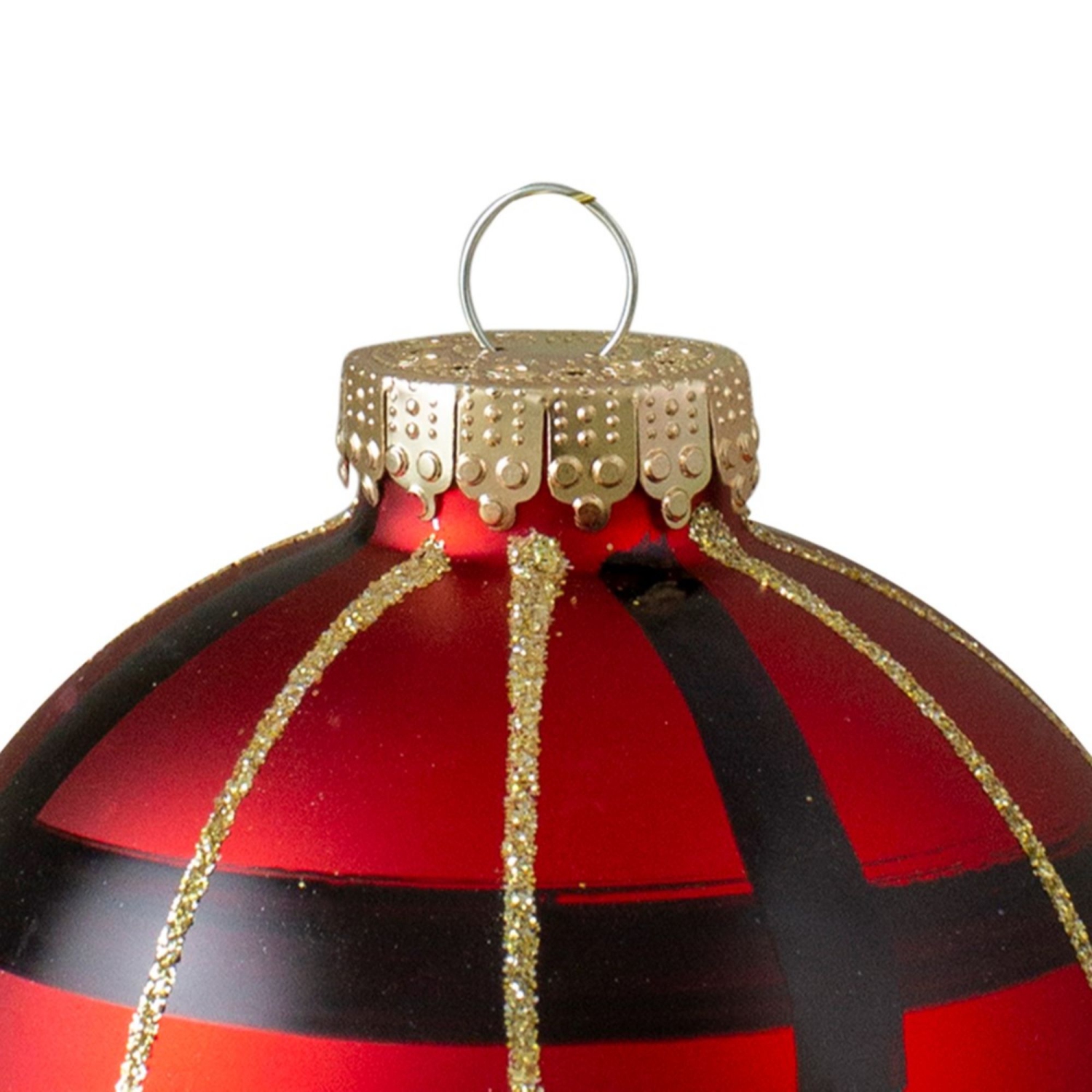 4ct Red, Black and Gold Plaid Glass Ball Christmas Ornaments 3.25"