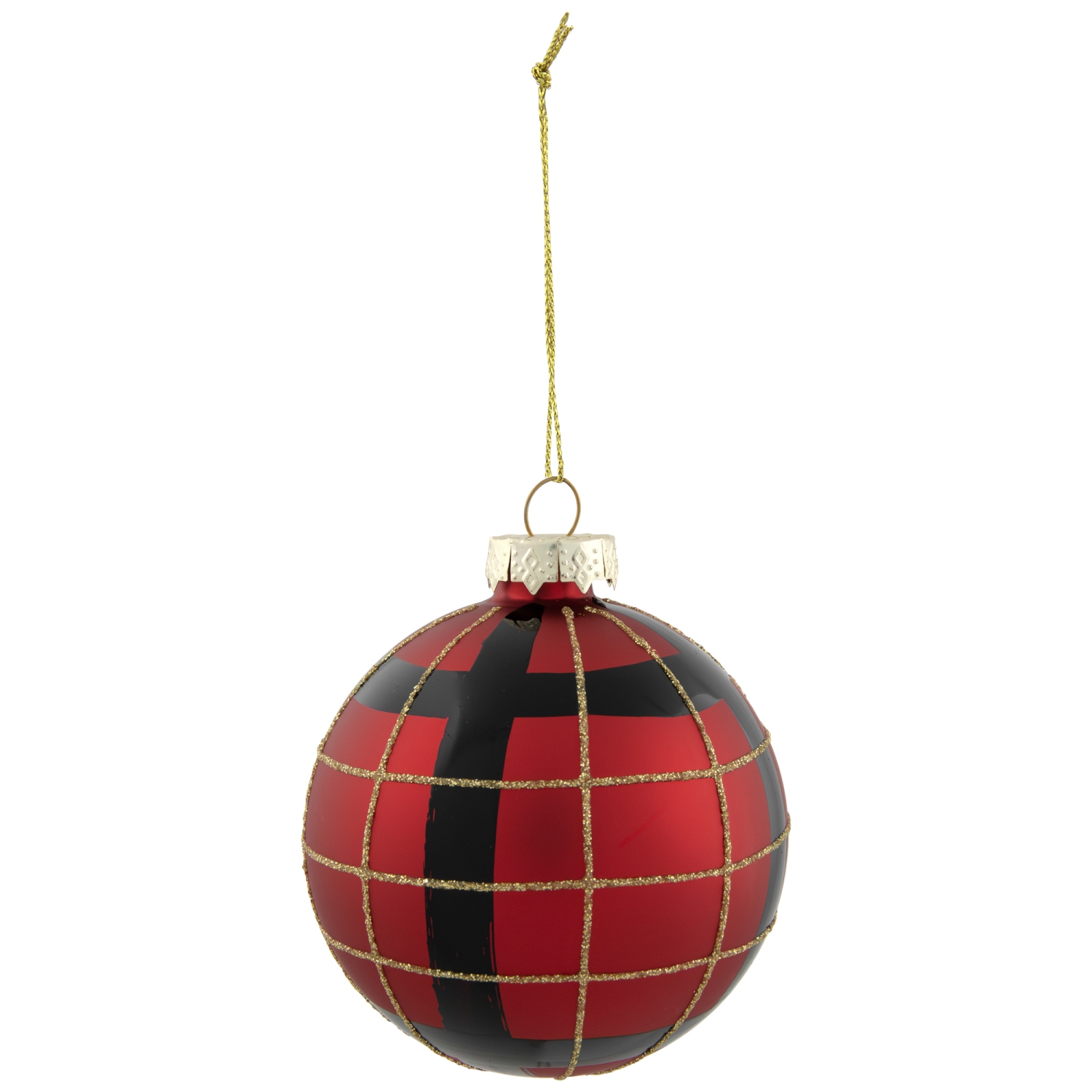 4ct Red, Black and Gold Plaid Glass Ball Christmas Ornaments 3.25"