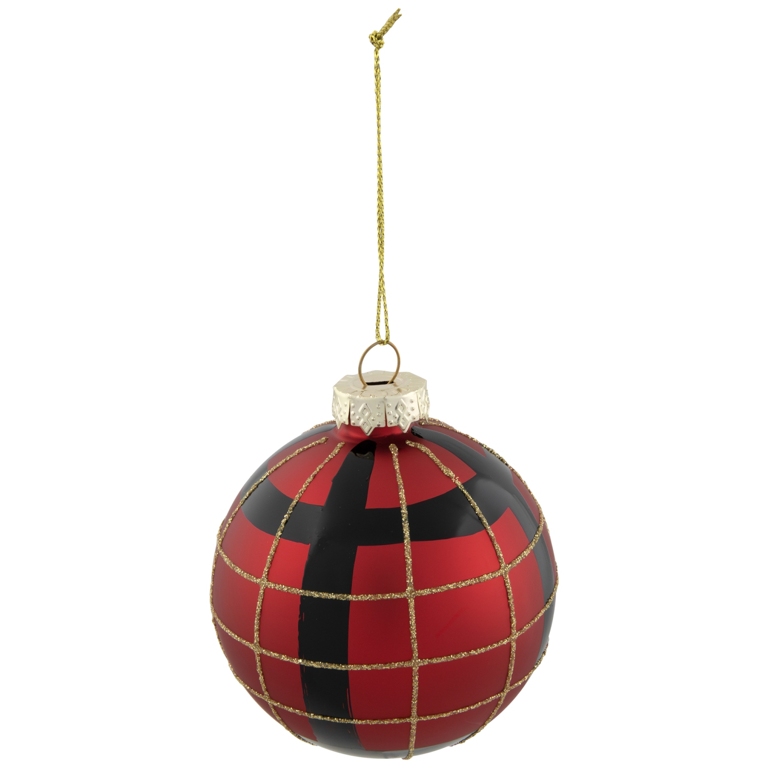 4ct Red, Black and Gold Plaid Glass Ball Christmas Ornaments 3.25"