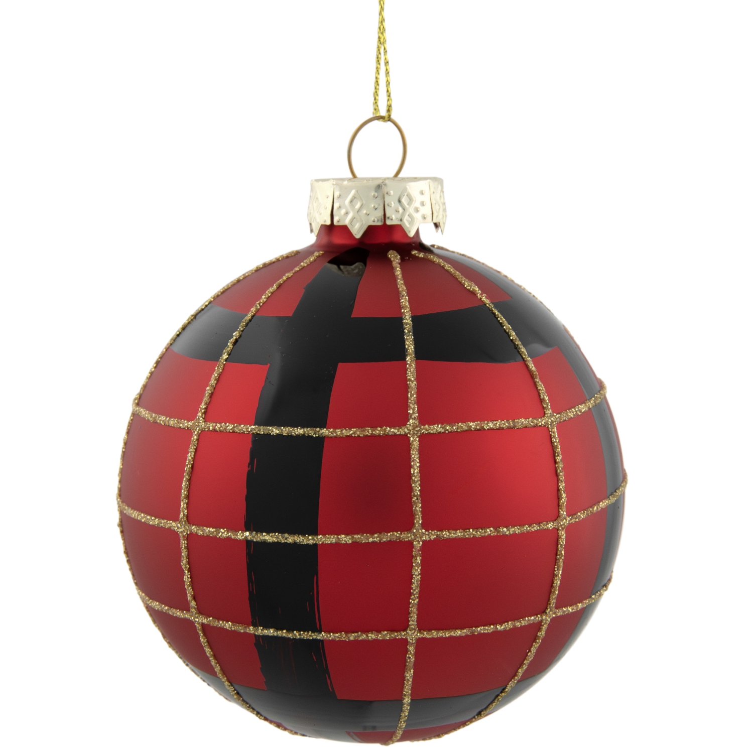 4ct Red, Black and Gold Plaid Glass Ball Christmas Ornaments 3.25"