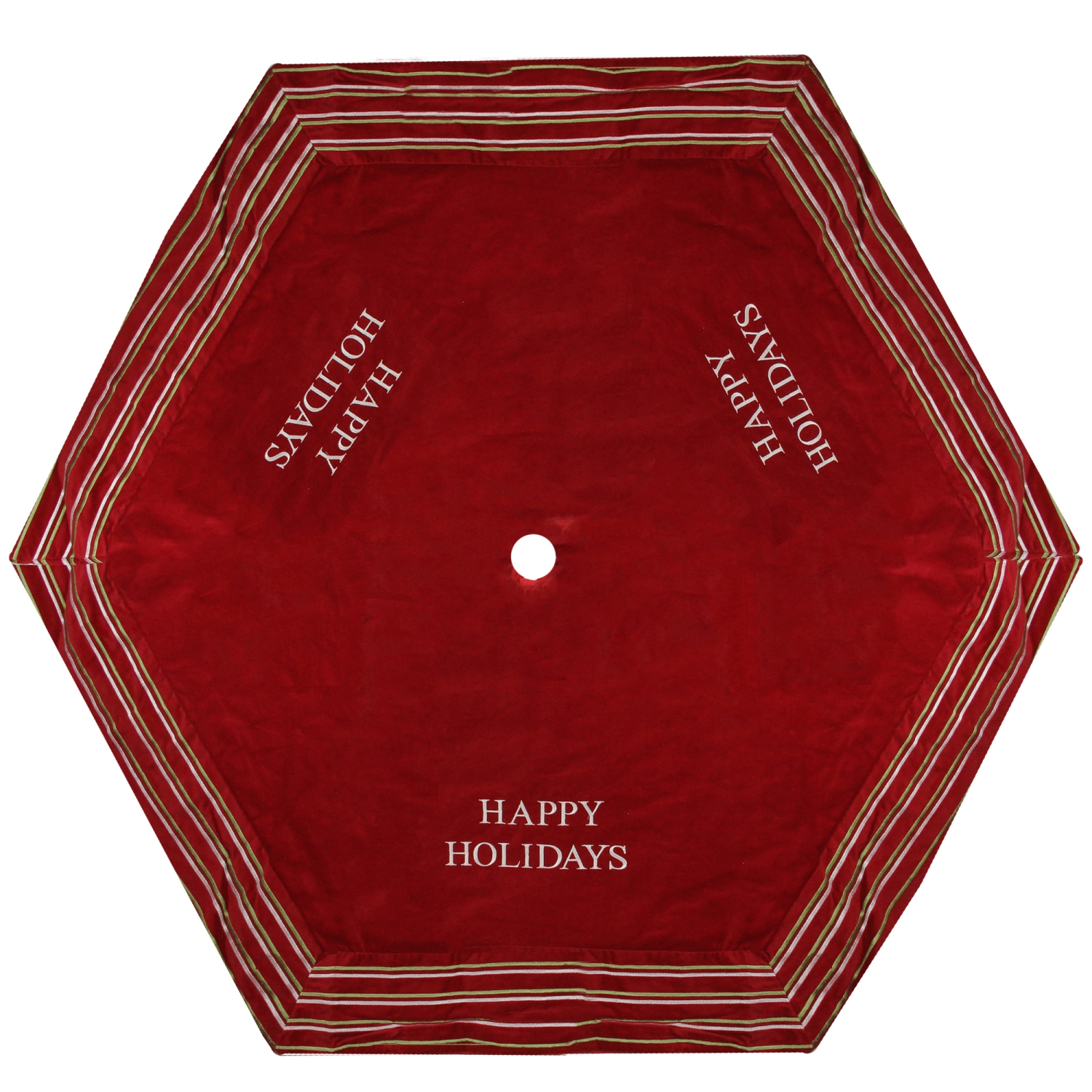 56" Red and White 'Happy Holidays' Christmas Tree Skirt with Striped Trim