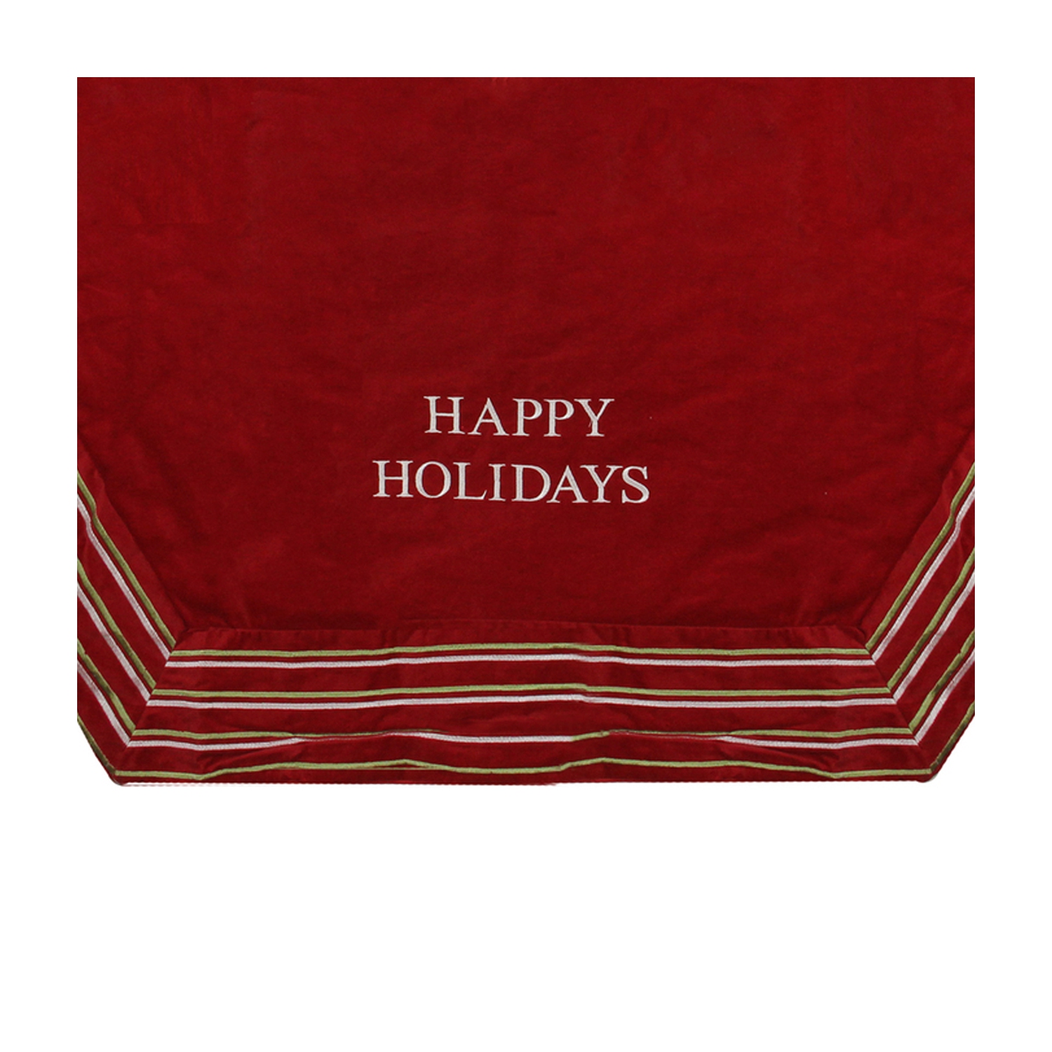 56" Red and White 'Happy Holidays' Christmas Tree Skirt with Striped Trim