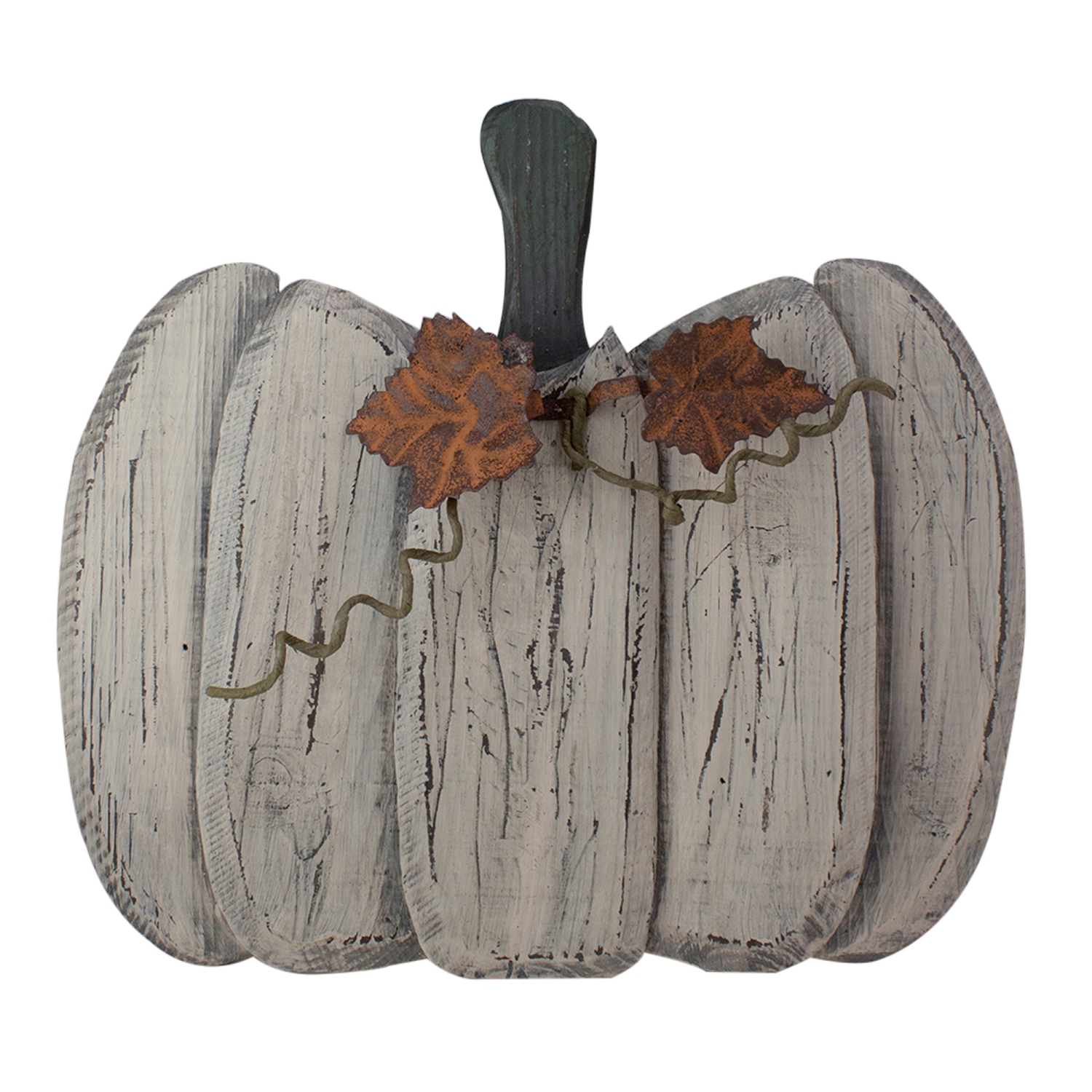 15" Small White Wooden Fall Harvest Pumpkin with Leaves and Stem