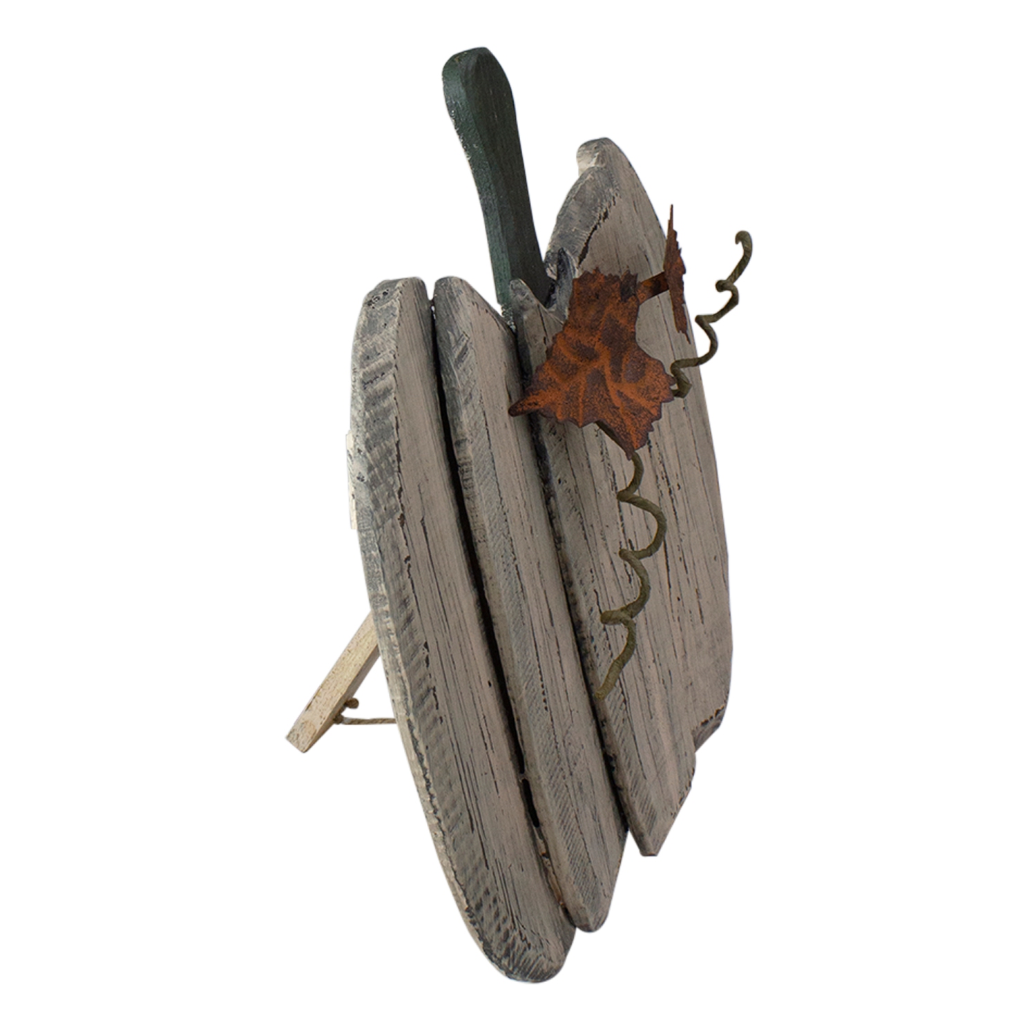 15" Small White Wooden Fall Harvest Pumpkin with Leaves and Stem