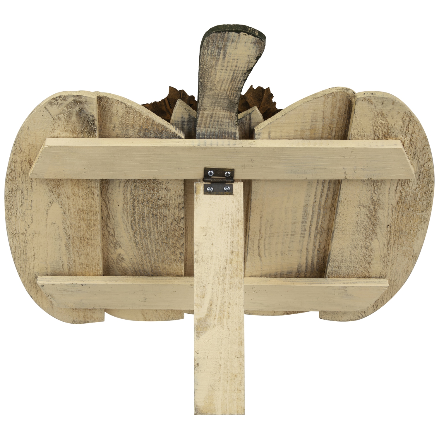 15" Small White Wooden Fall Harvest Pumpkin with Leaves and Stem