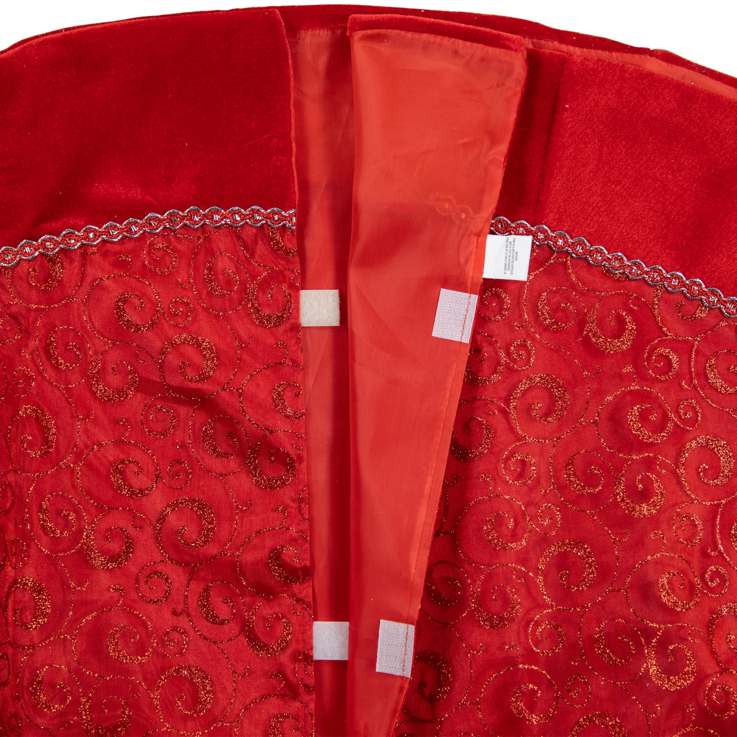 48" Red Glittered Swirl Sheer Organza Christmas Tree Skirt with Velvet Trim