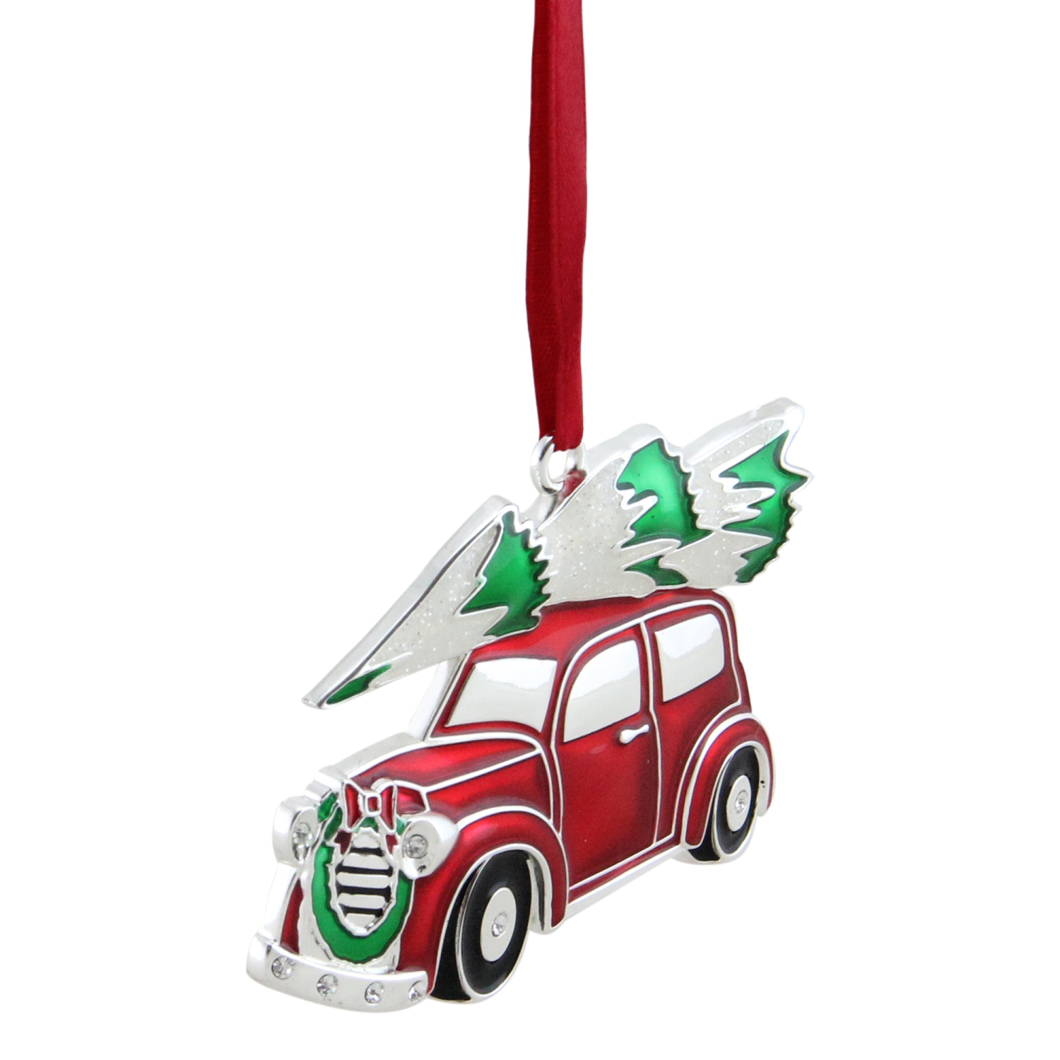 3.25" Red and White Car with Tree Christmas Ornament