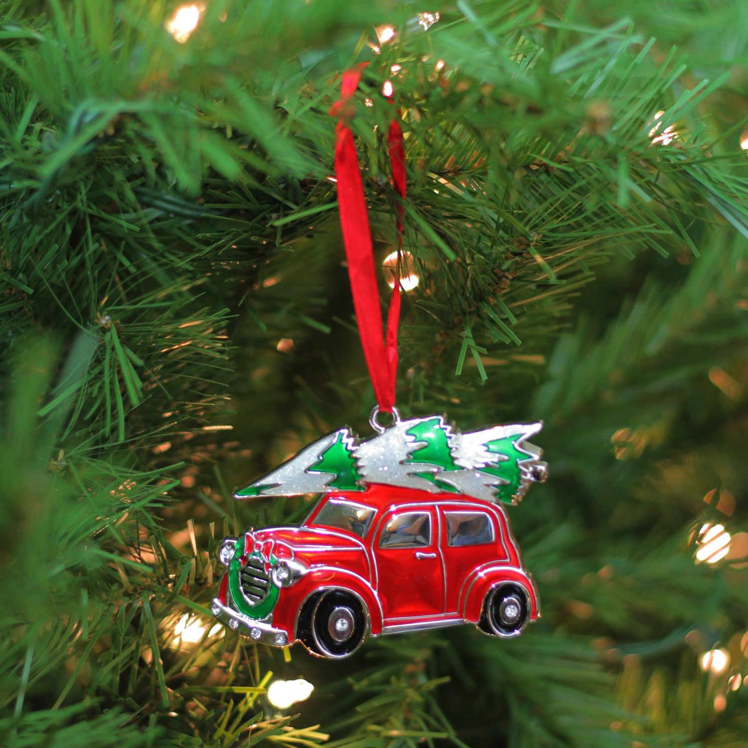 3.25" Red and White Car with Tree Christmas Ornament