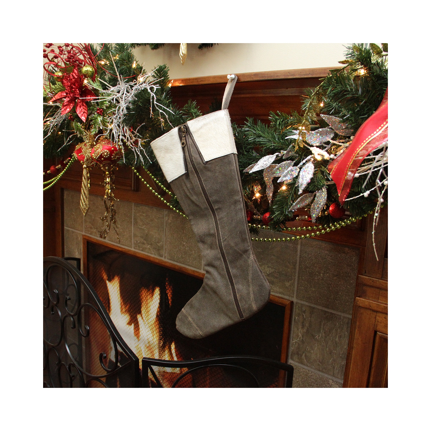 18.5" Gray and White Boot with Zipper Christmas Stocking