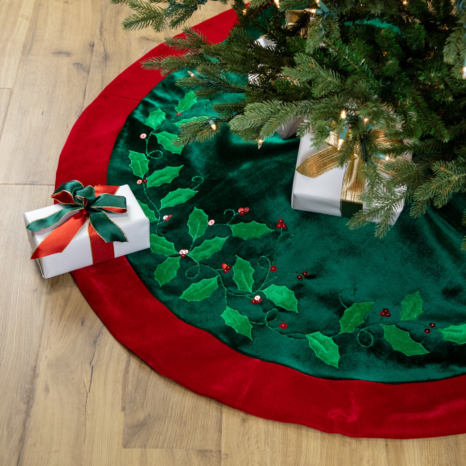 48" Dark Green and Burgundy Holly Berry Velveteen Christmas Tree Skirt