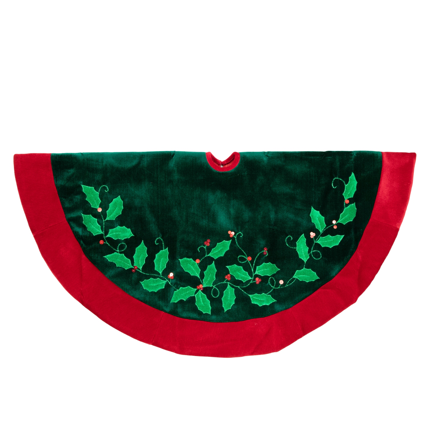 48" Dark Green and Burgundy Holly Berry Velveteen Christmas Tree Skirt