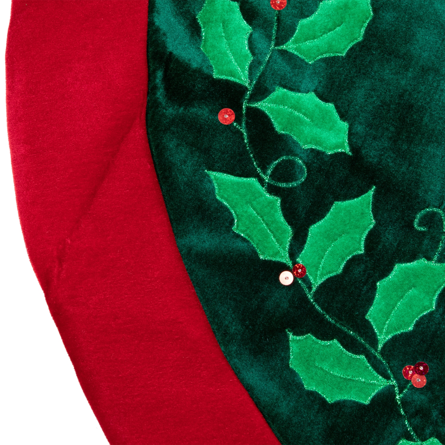 48" Dark Green and Burgundy Holly Berry Velveteen Christmas Tree Skirt