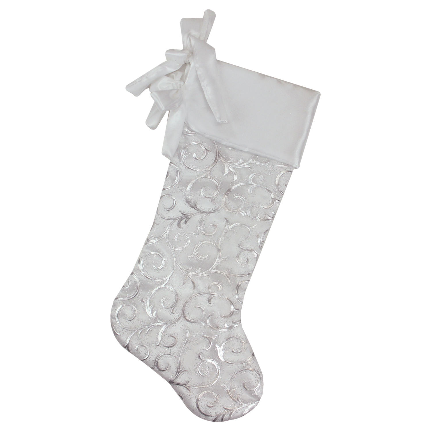 19" White and Silver Filigree Christmas Stocking with Bows