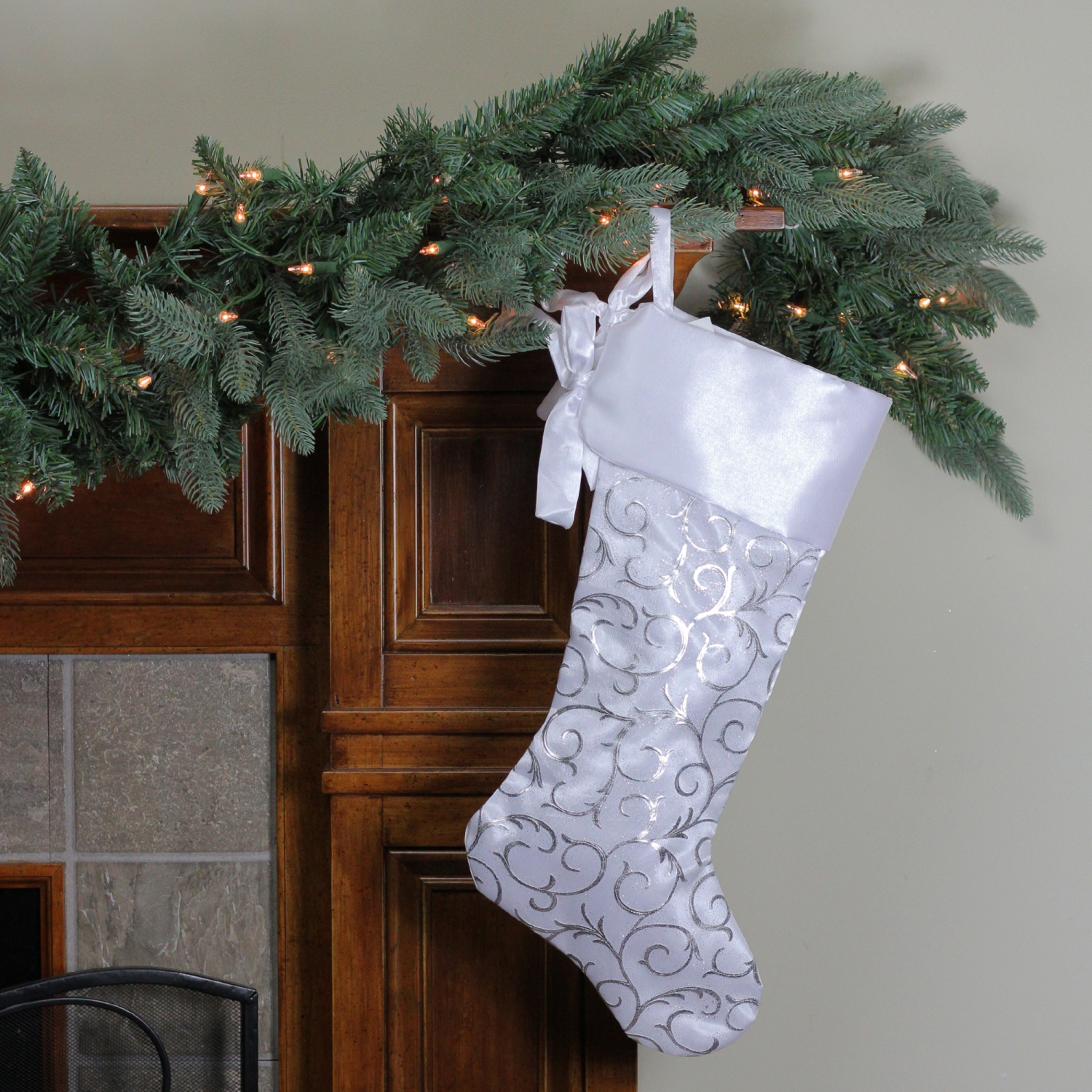 19" White and Silver Filigree Christmas Stocking with Bows