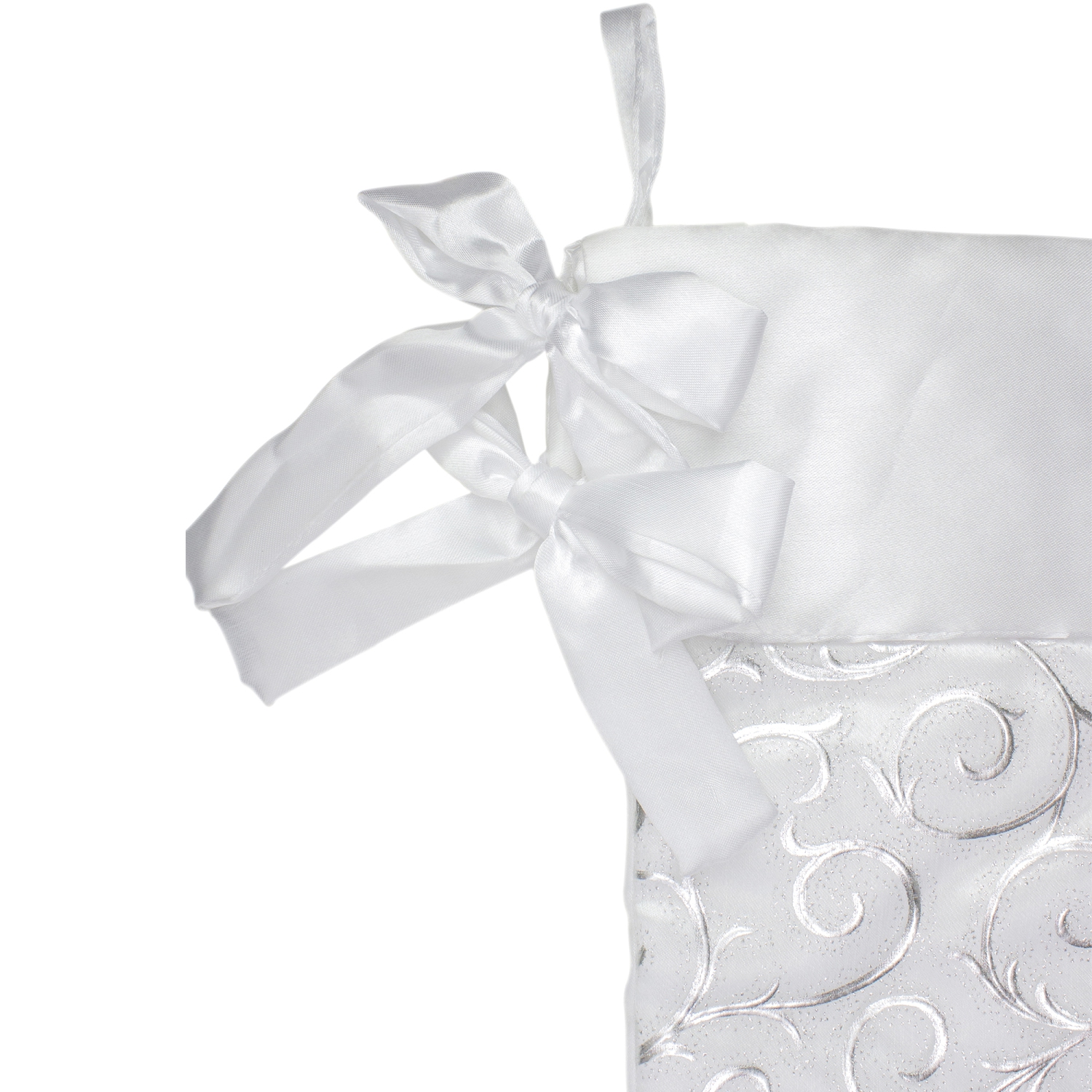 19" White and Silver Filigree Christmas Stocking with Bows