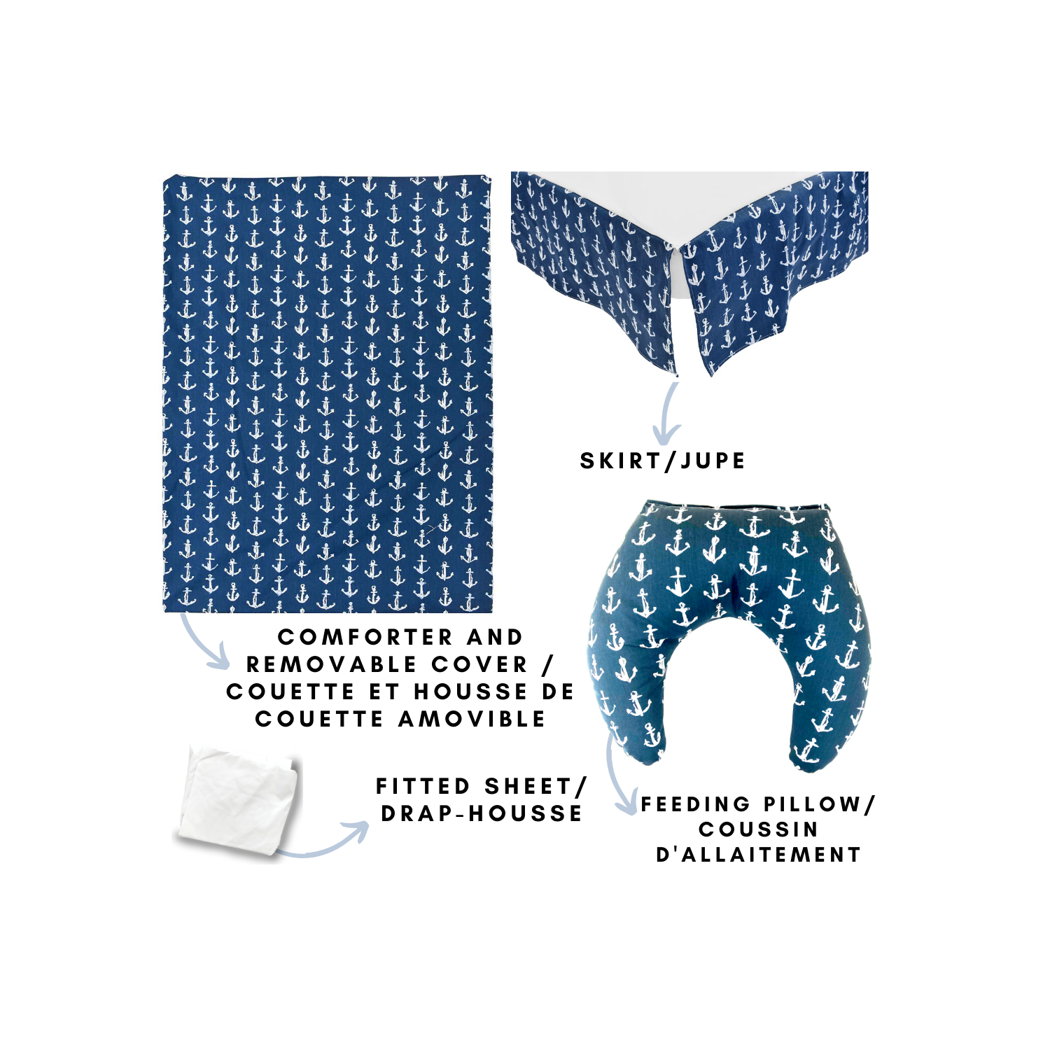 Blue Anchor Baby Bedding with Matching Feeding Pillow