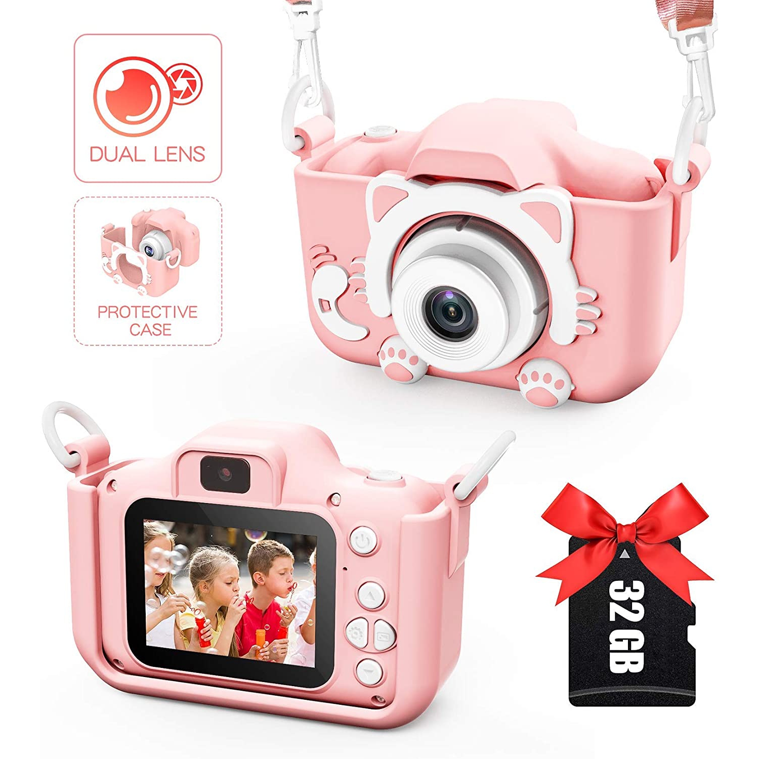 Dolaer Kids Digital Dual Camera 2.0 Inches Screen 20MP Video Camcorder Anti-Drop Children Cartoon Selfie Camera, Camera for Kids with Games, Birthday Gift, 32GB Memory Card