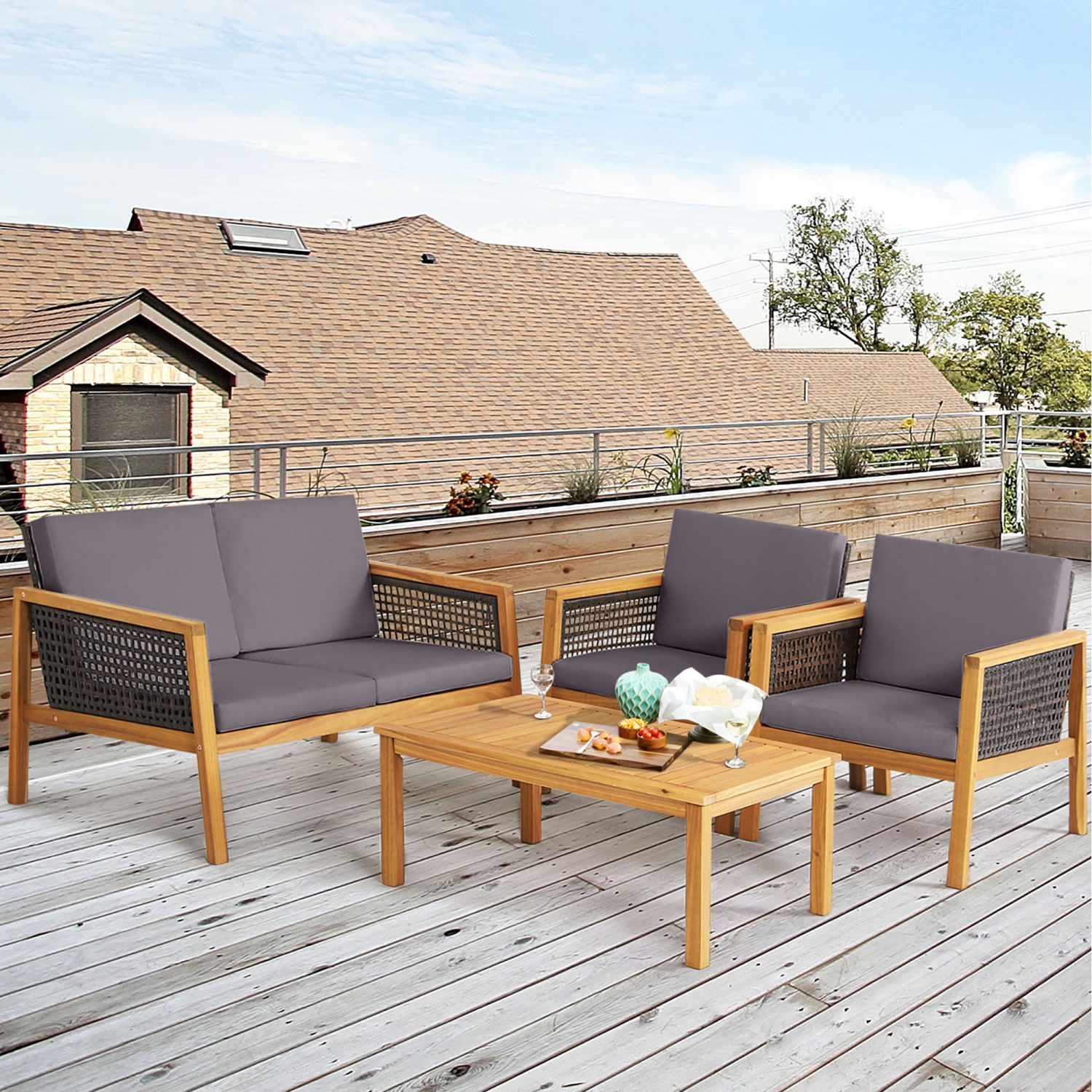 Gymax 8PCS Patio Conversation Acacia Wood Furniture Set PE Rattan Conversation Set w/ Grey Cushions