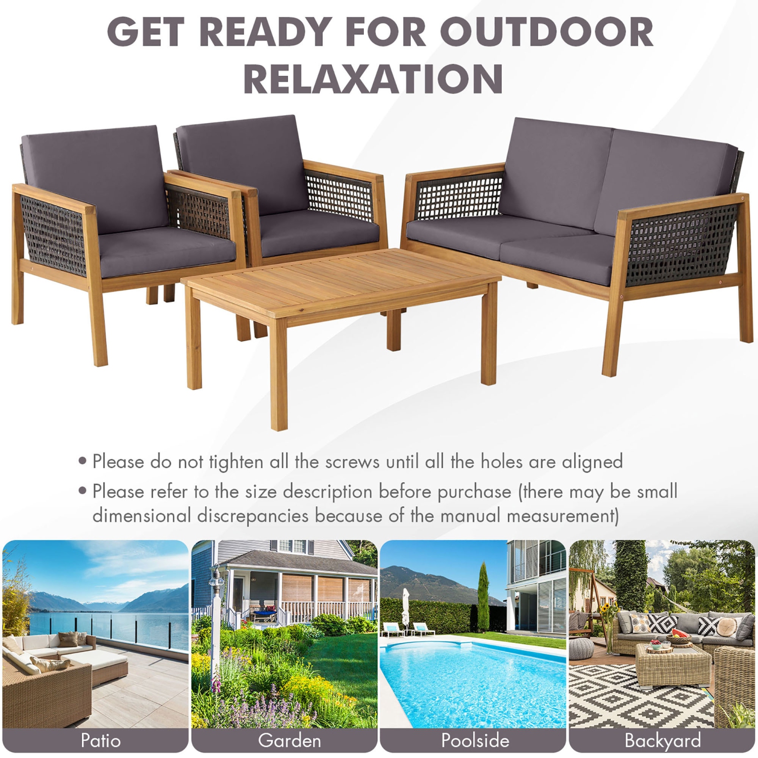 Gymax 8PCS Patio Conversation Acacia Wood Furniture Set PE Rattan Conversation Set w/ Grey Cushions
