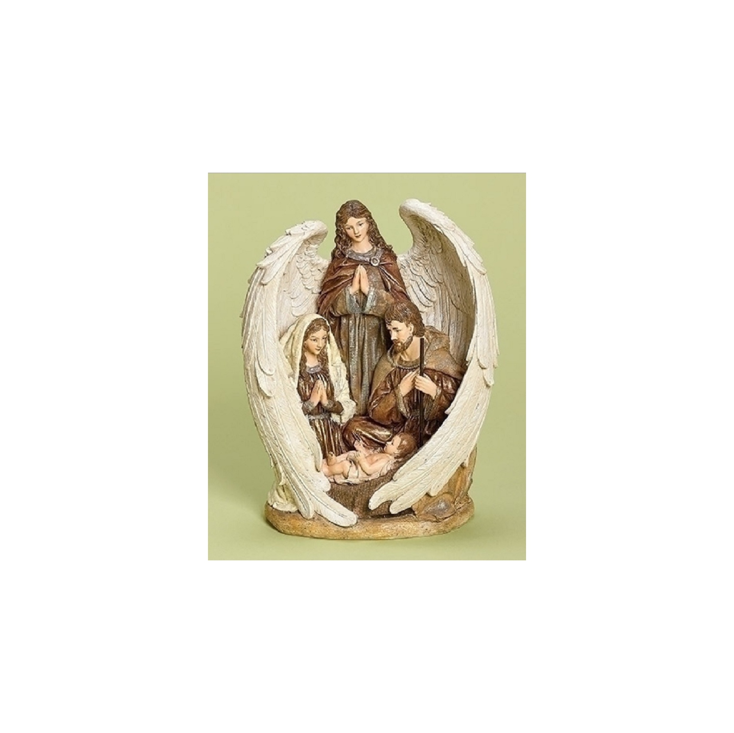 12.5" Brown and White Inspirational Holy Family with Angel Christmas Nativity Figurine