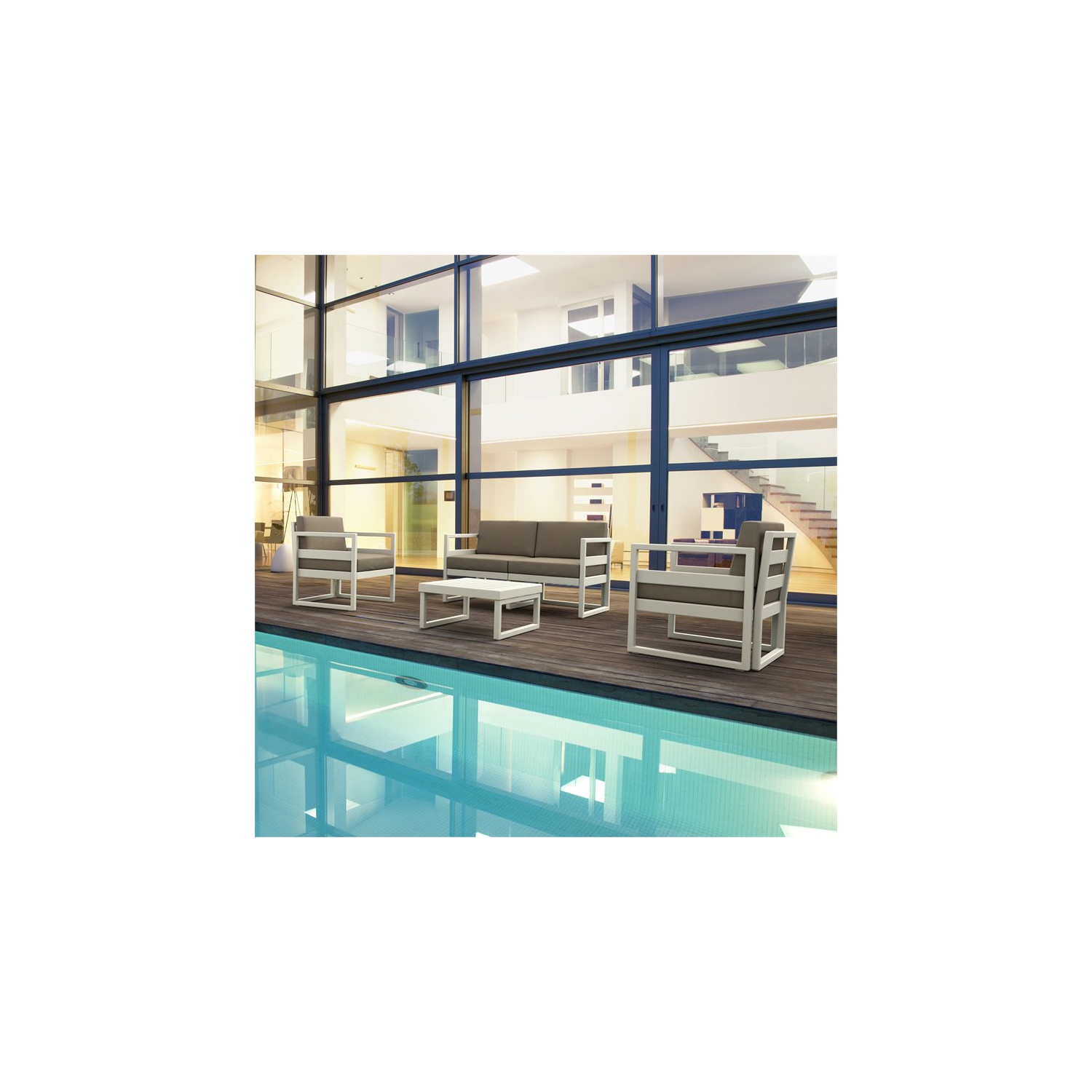 Fauteuil club de patio Mykonos blanc avec coussins taupe en acrylique