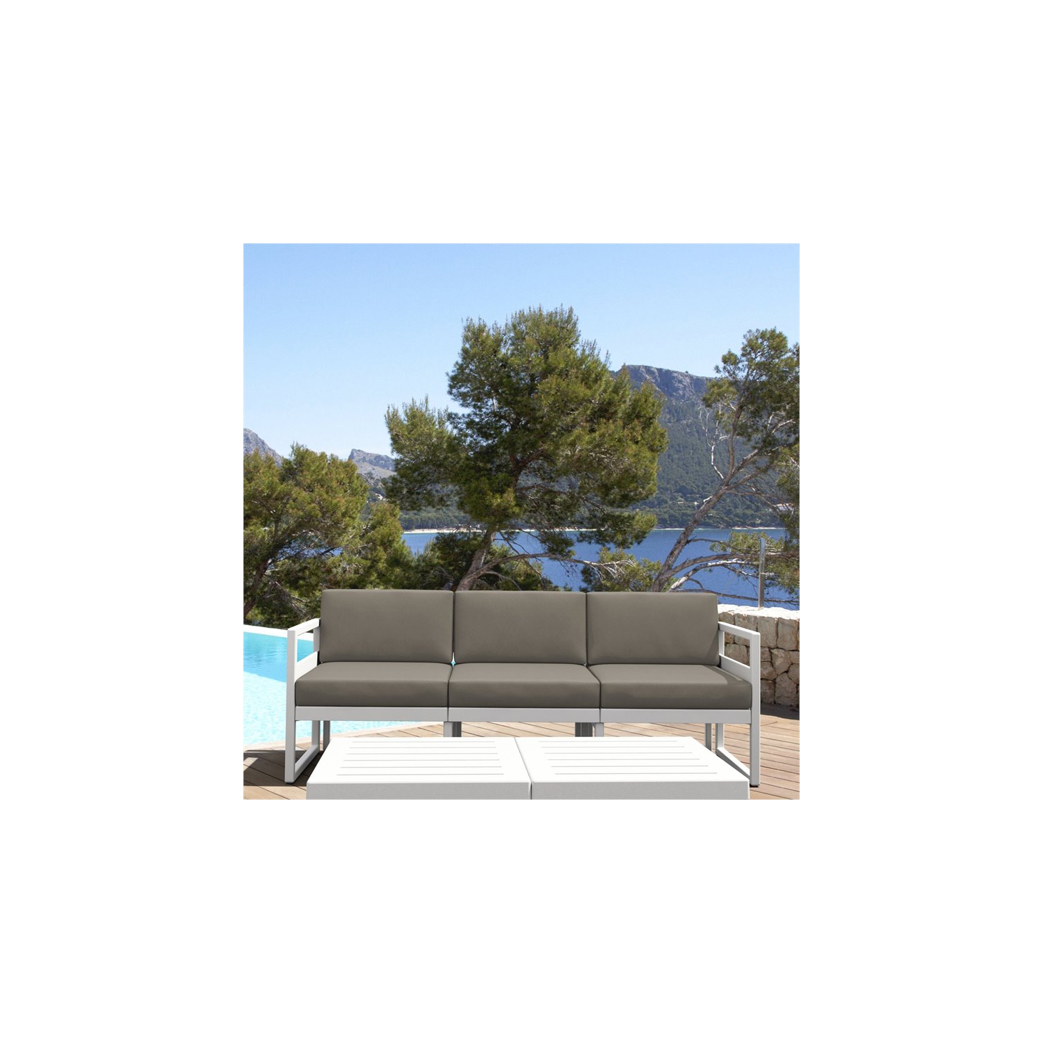 Mykonos Patio Sofa White with Acrylic Fabric Taupe Cushions