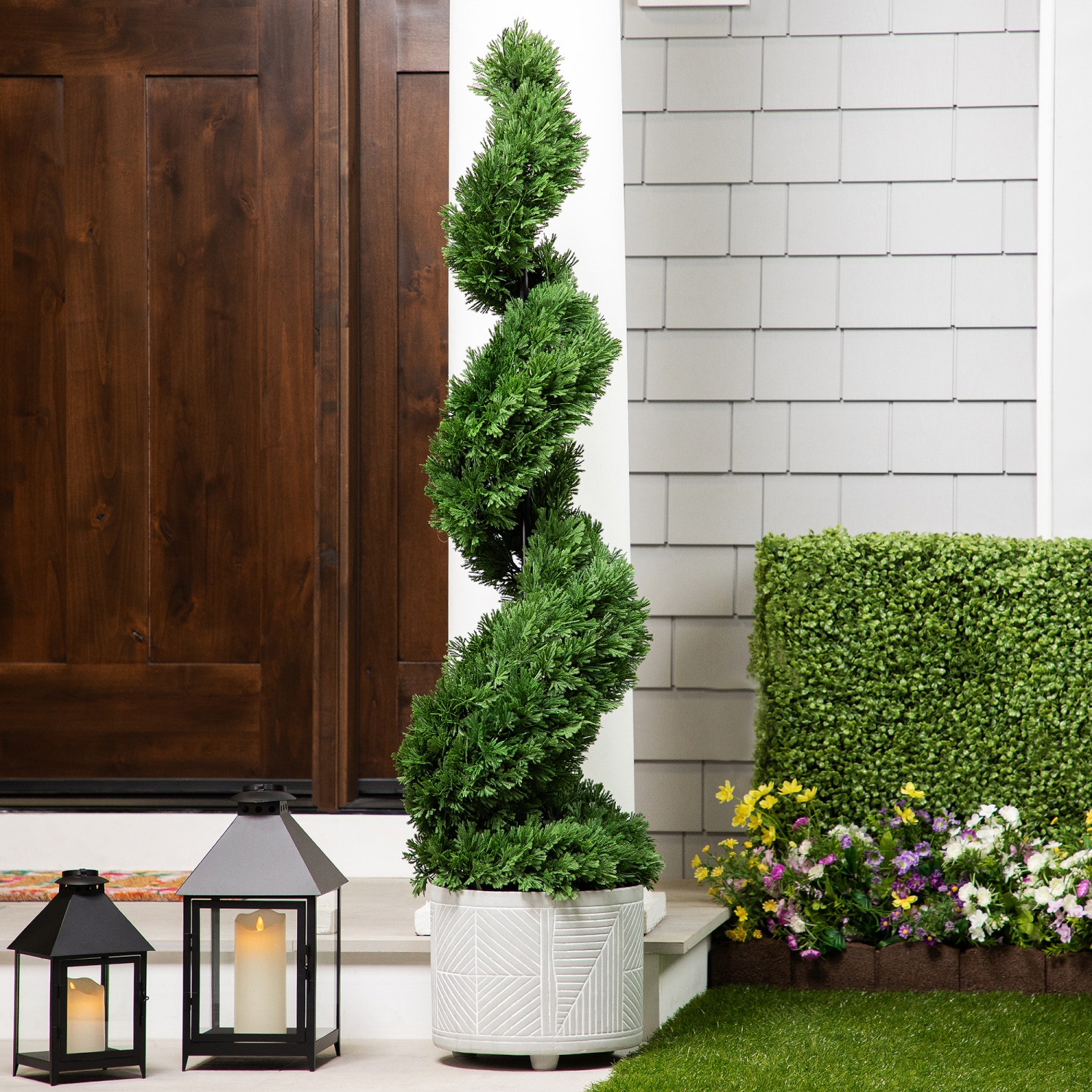 Real Touch™ Artificial Cedar Spiral Topiary Tree in Black Pot, Unlit - 5'