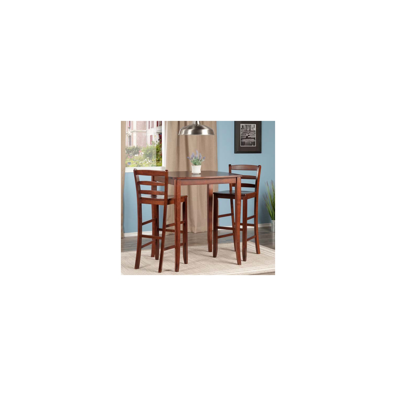 Inglewood – Table de salle à manger haute de 3 pièces avec tabourets de bar à dossier en échelle, noyer