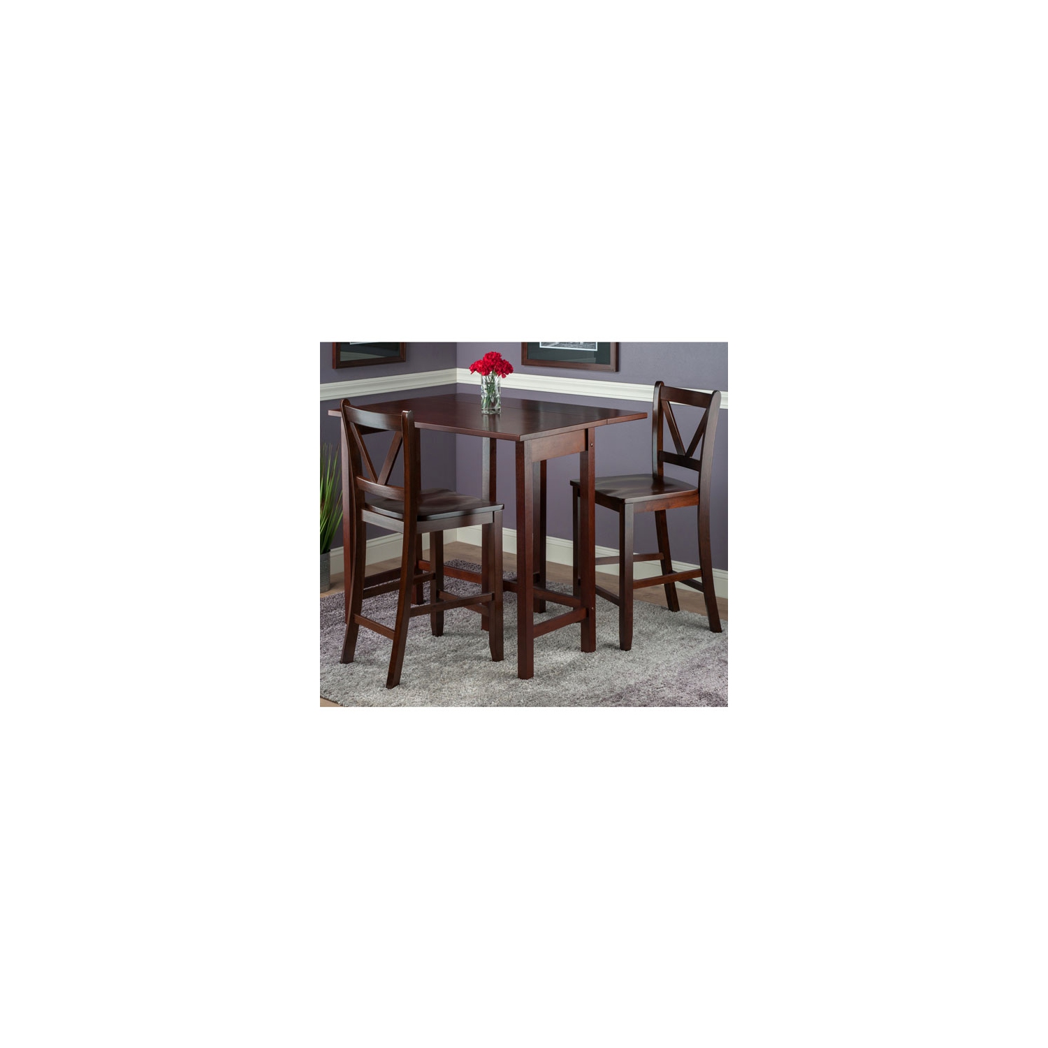Lynnwood 3-Pc Drop Leaf Table with V-Back Counter Stools, Walnut