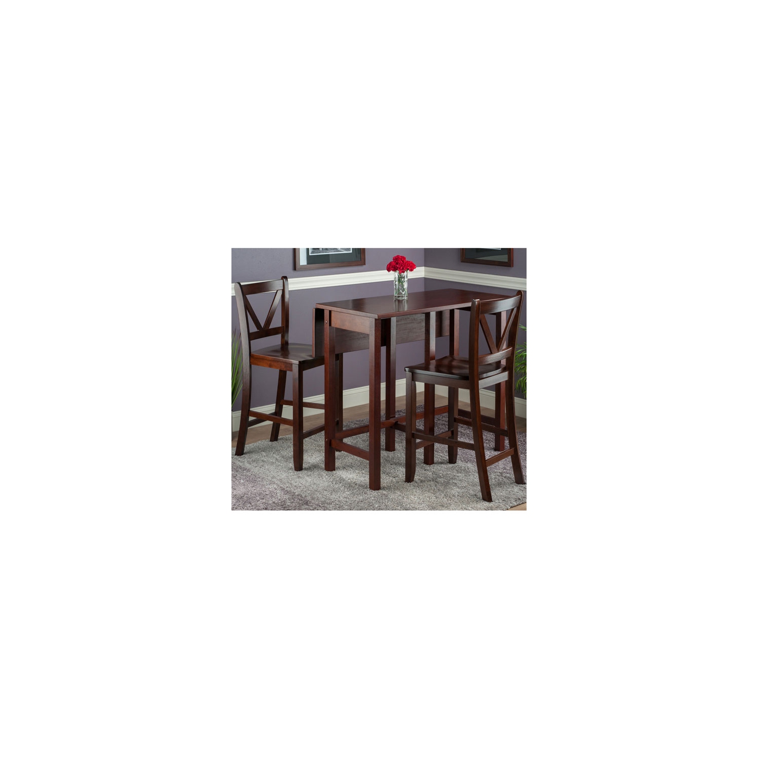 Lynnwood 3-Pc Drop Leaf Table with V-Back Counter Stools, Walnut