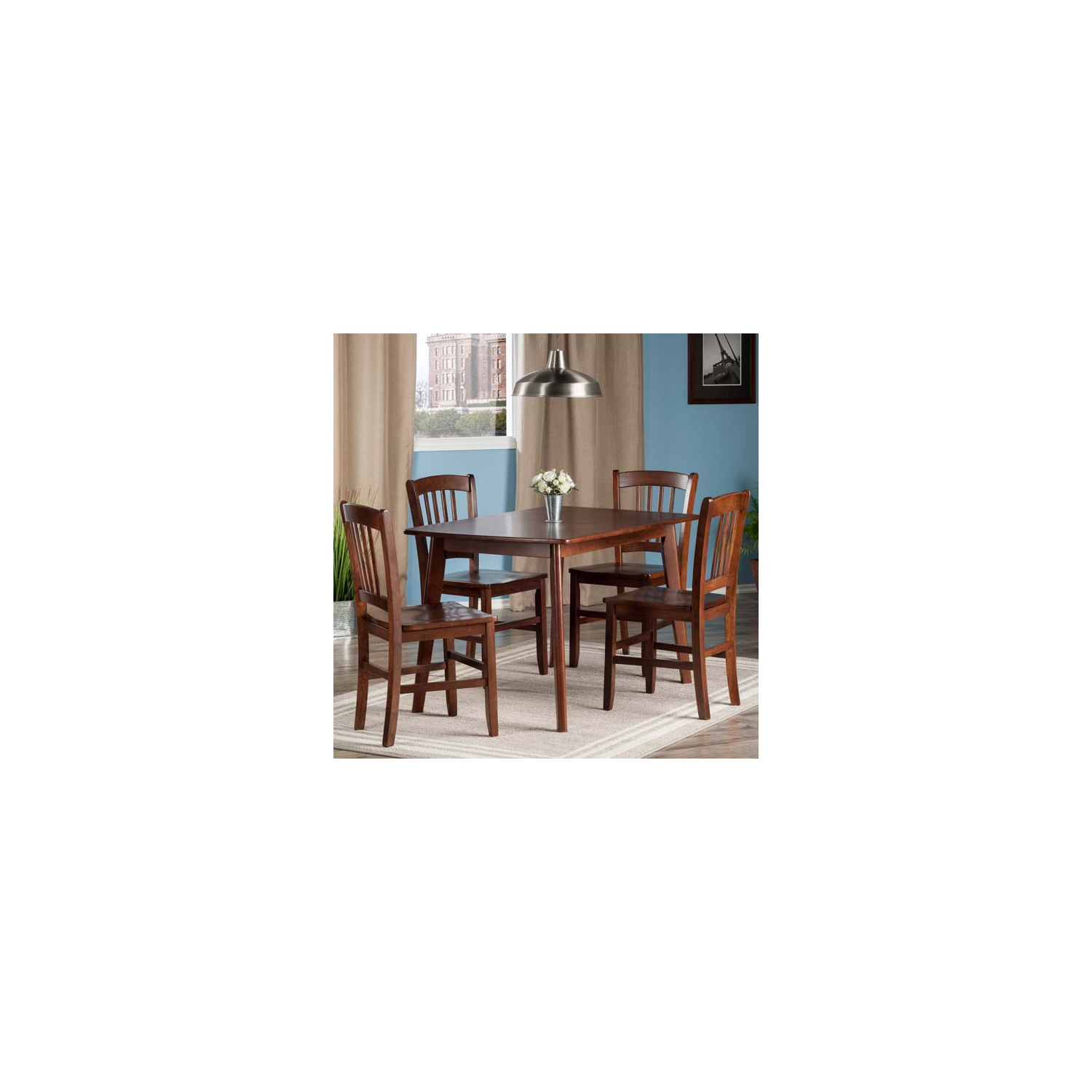 Ensemble de 5 tables de salle à manger avec chaises à dossier à lattes Shaye, noyer