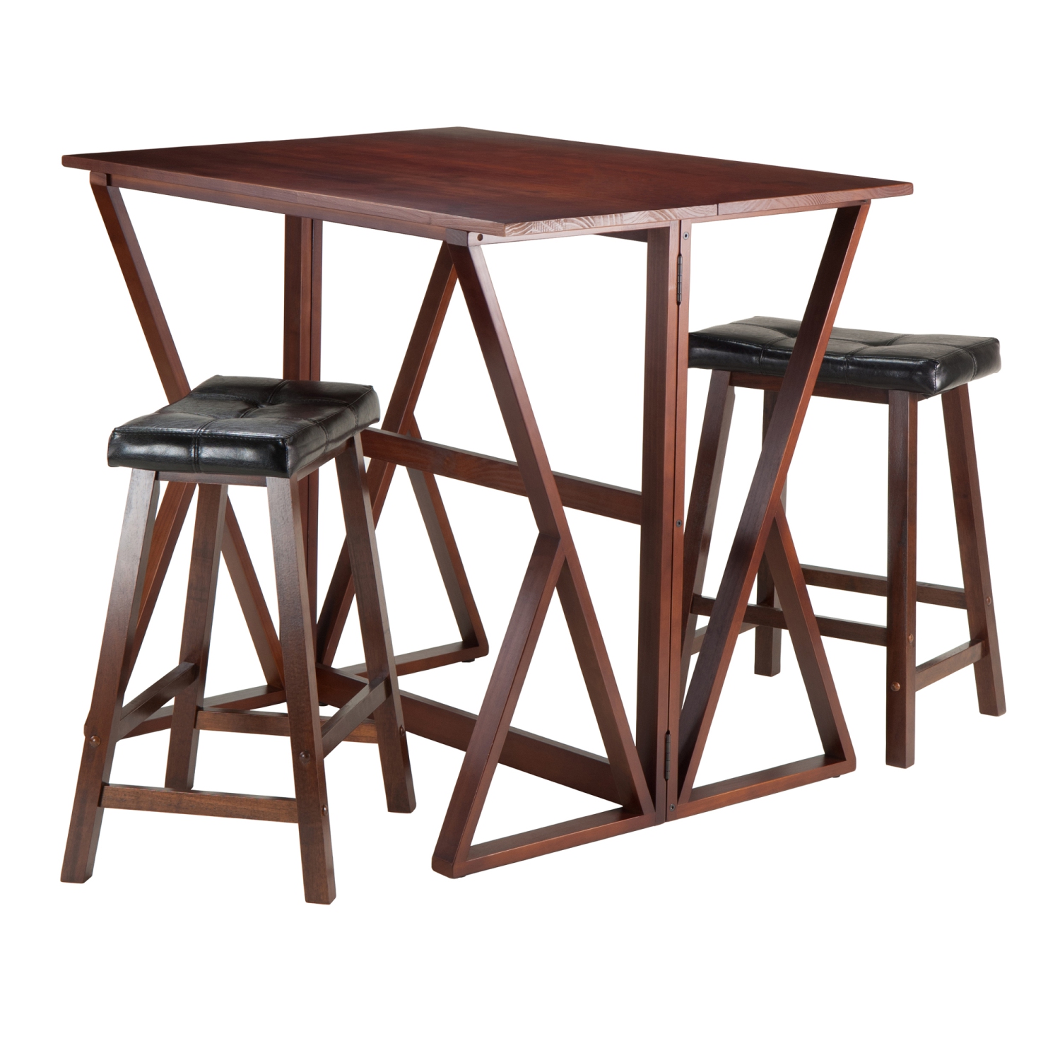 Ensemble 3 pièces avec table à abattant et tabourets de comptoir à siège selle Harrington, noyer et noir