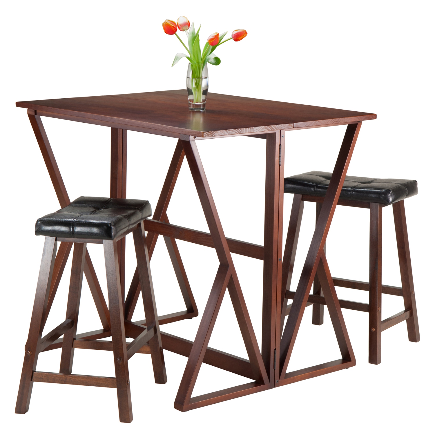 Ensemble 3 pièces avec table à abattant et tabourets de comptoir à siège selle Harrington, noyer et noir