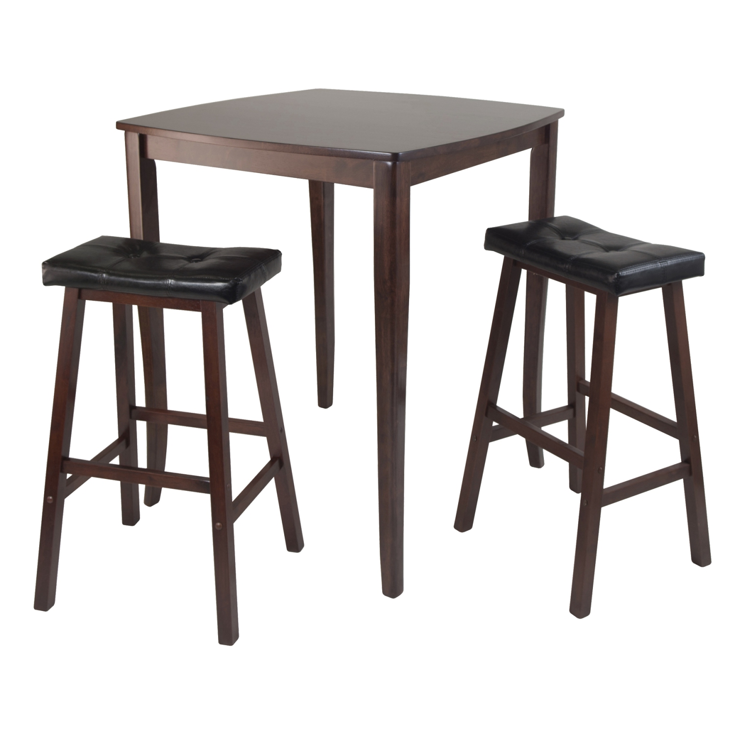 Inglewood 3-Pc High Table with Cushioned Saddle Seat Bar Stools, Walnut and Black