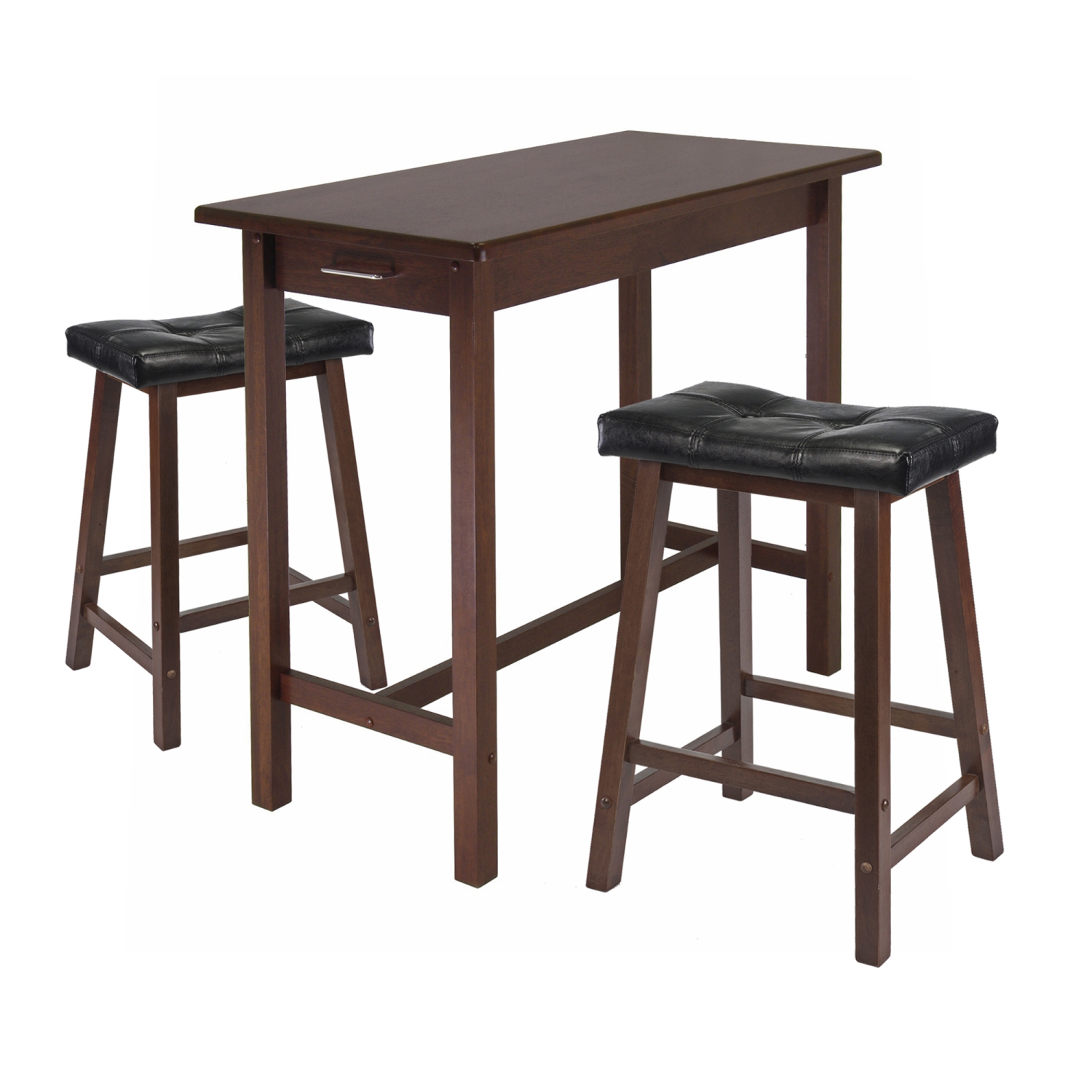 Ensemble 3 pièces avec table et tabourets de comptoir à siège selle Sally, noyer et noir