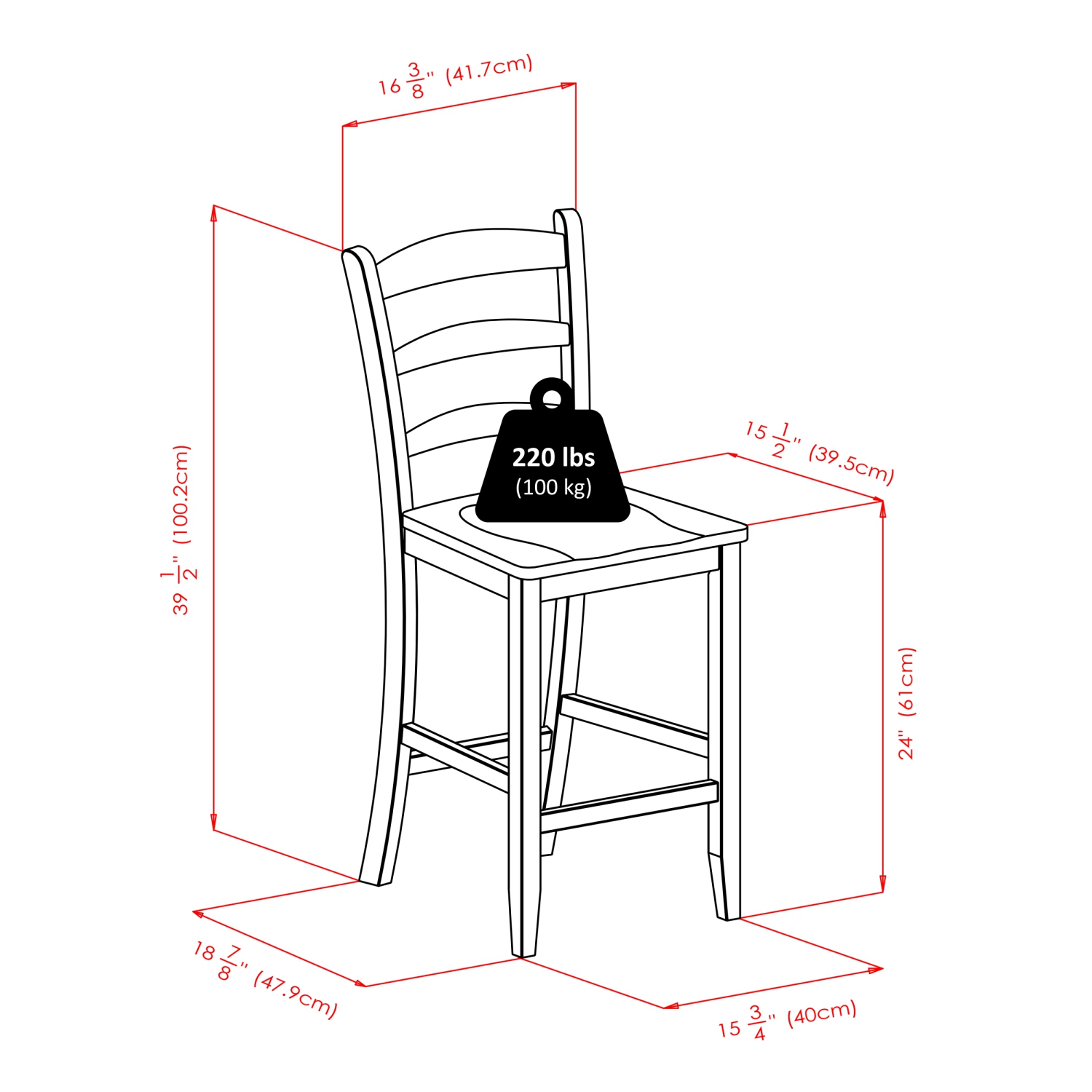 Ensemble Orlando 3 pièces avec table haute et tabourets de comptoir à dossier en échelle, noyer