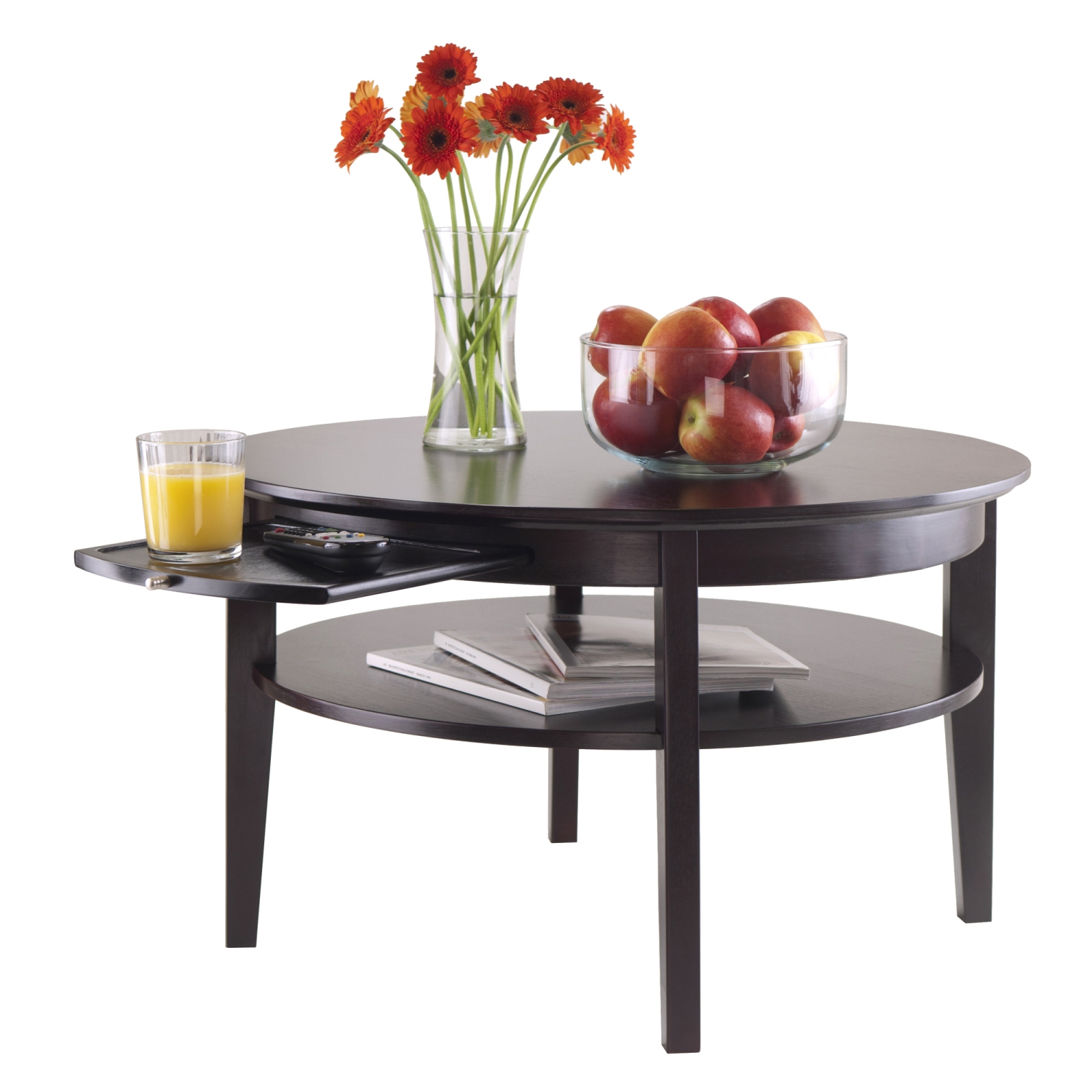 Table basse ronde Amelia avec plateau coulissant, espresso