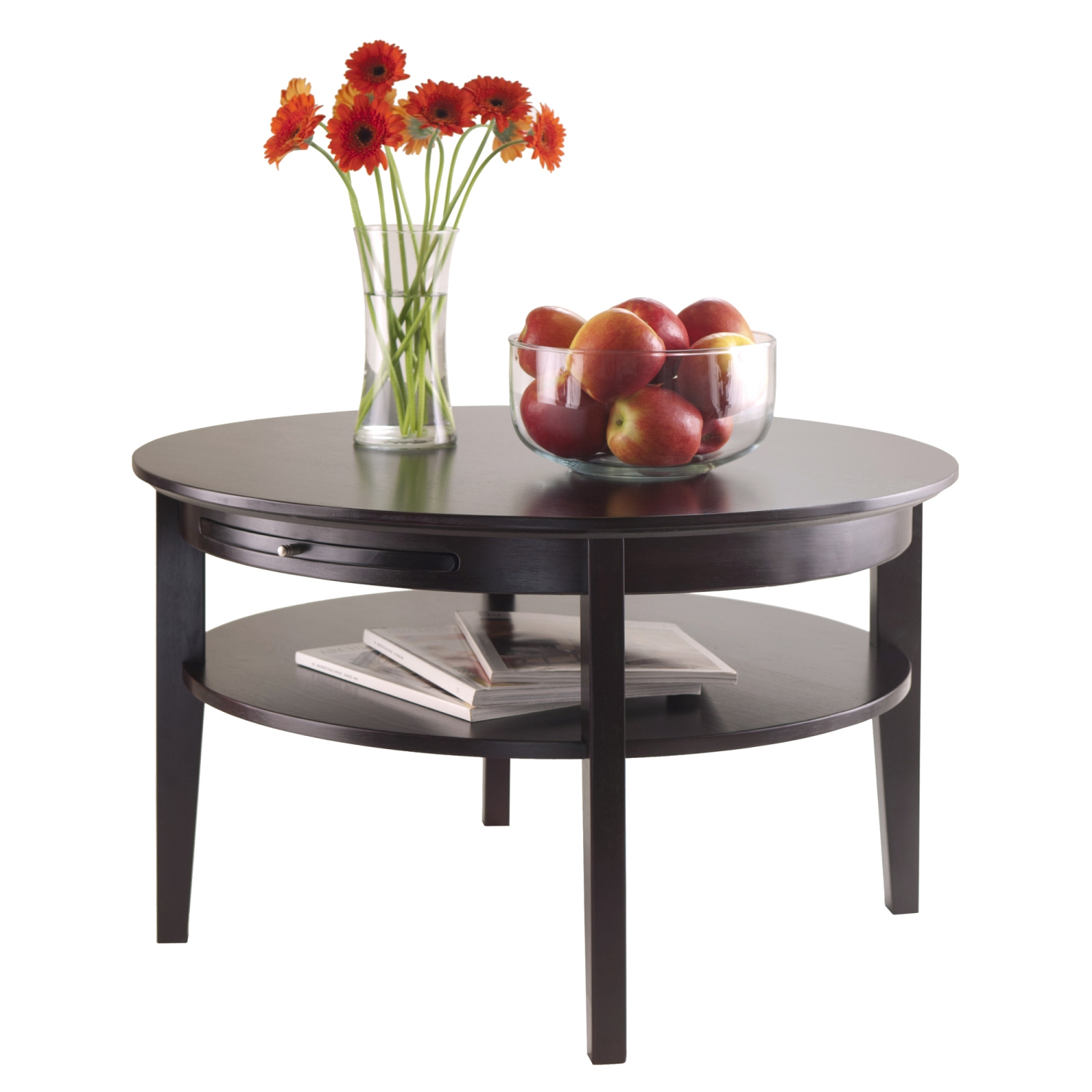 Table basse ronde Amelia avec plateau coulissant, espresso