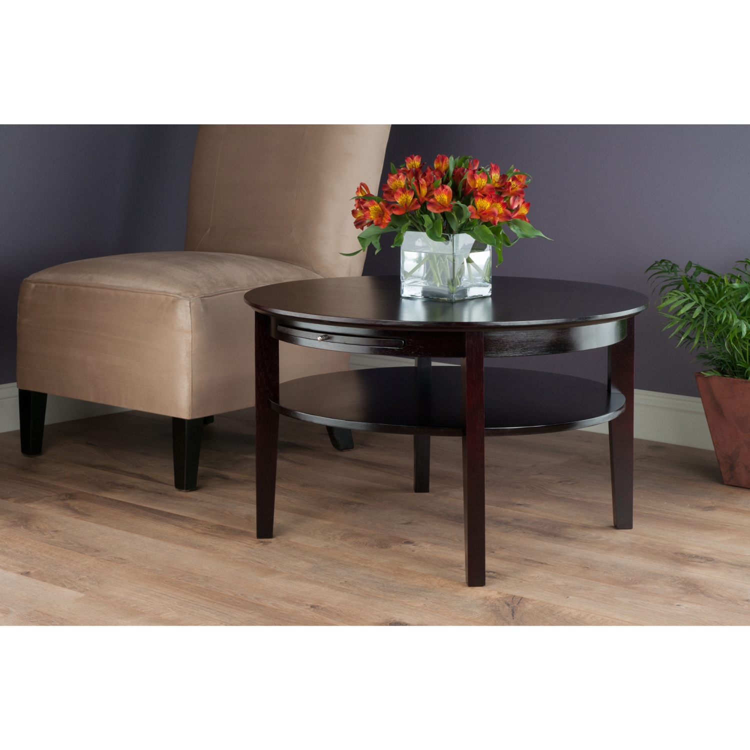 Table basse ronde Amelia avec plateau coulissant, espresso