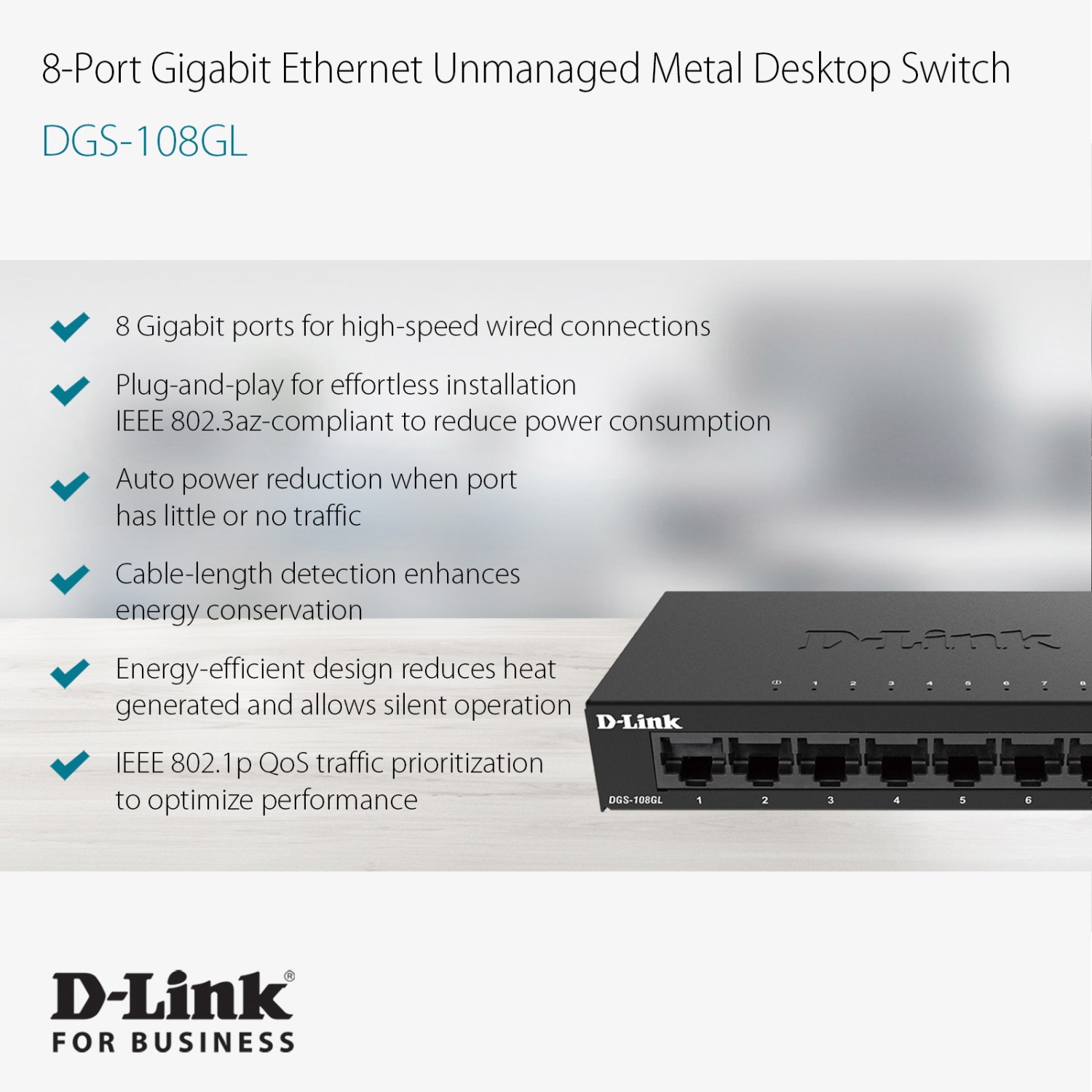 Commutateur de bureau non géré en métal Gigabit à 8 ports de D-Link - DGS-108GL