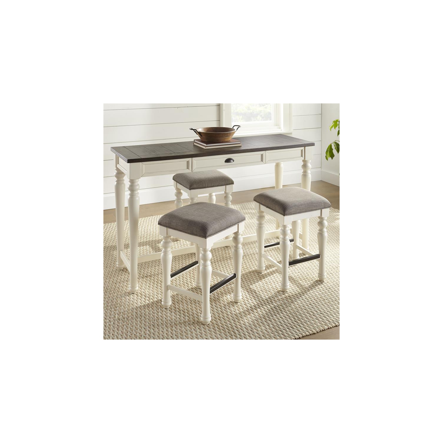 Ensemble de 4 pièces avec sofa-bar deux tons ivoire vieilli et bois moka Joanna