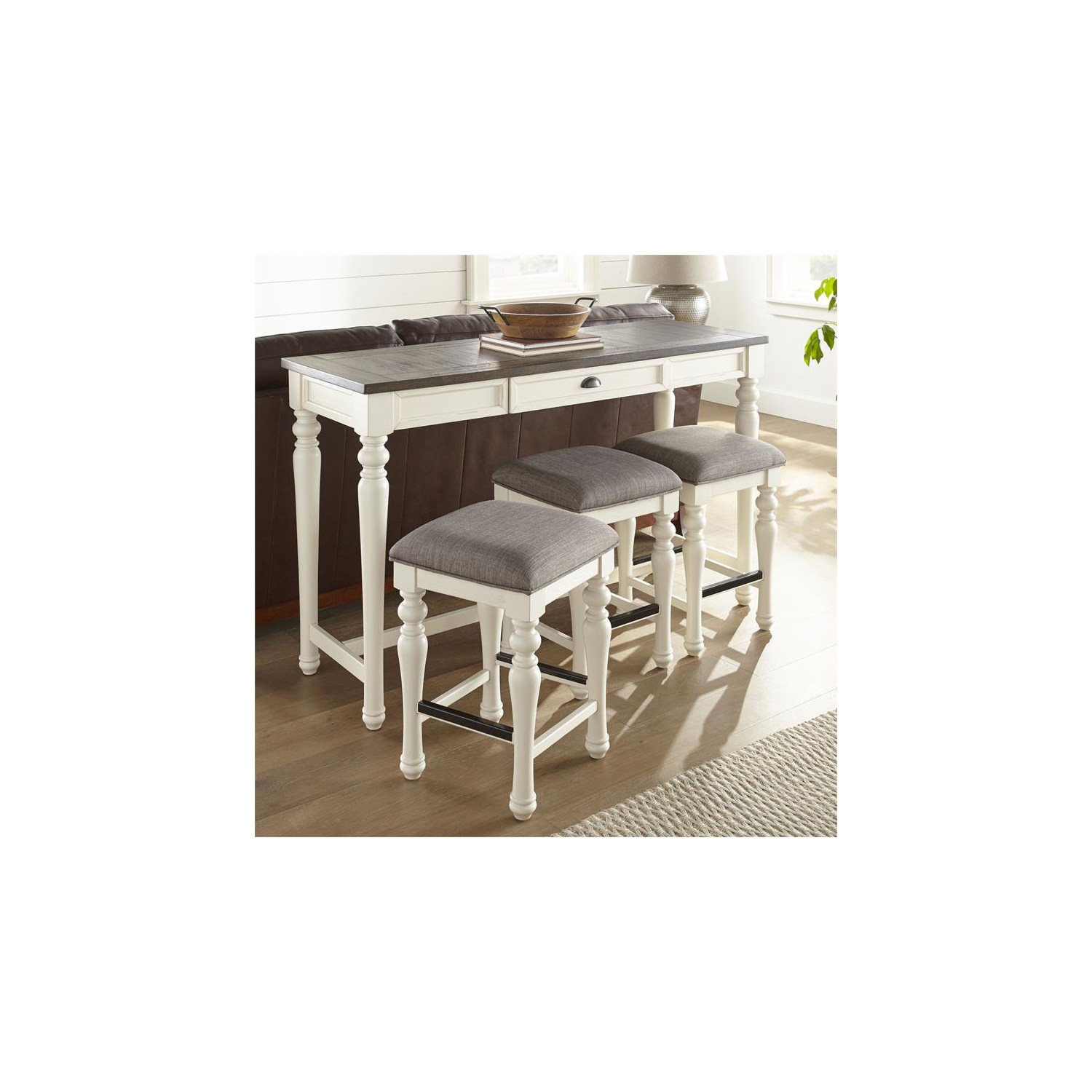 Ensemble de 4 pièces avec sofa-bar deux tons ivoire vieilli et bois moka Joanna