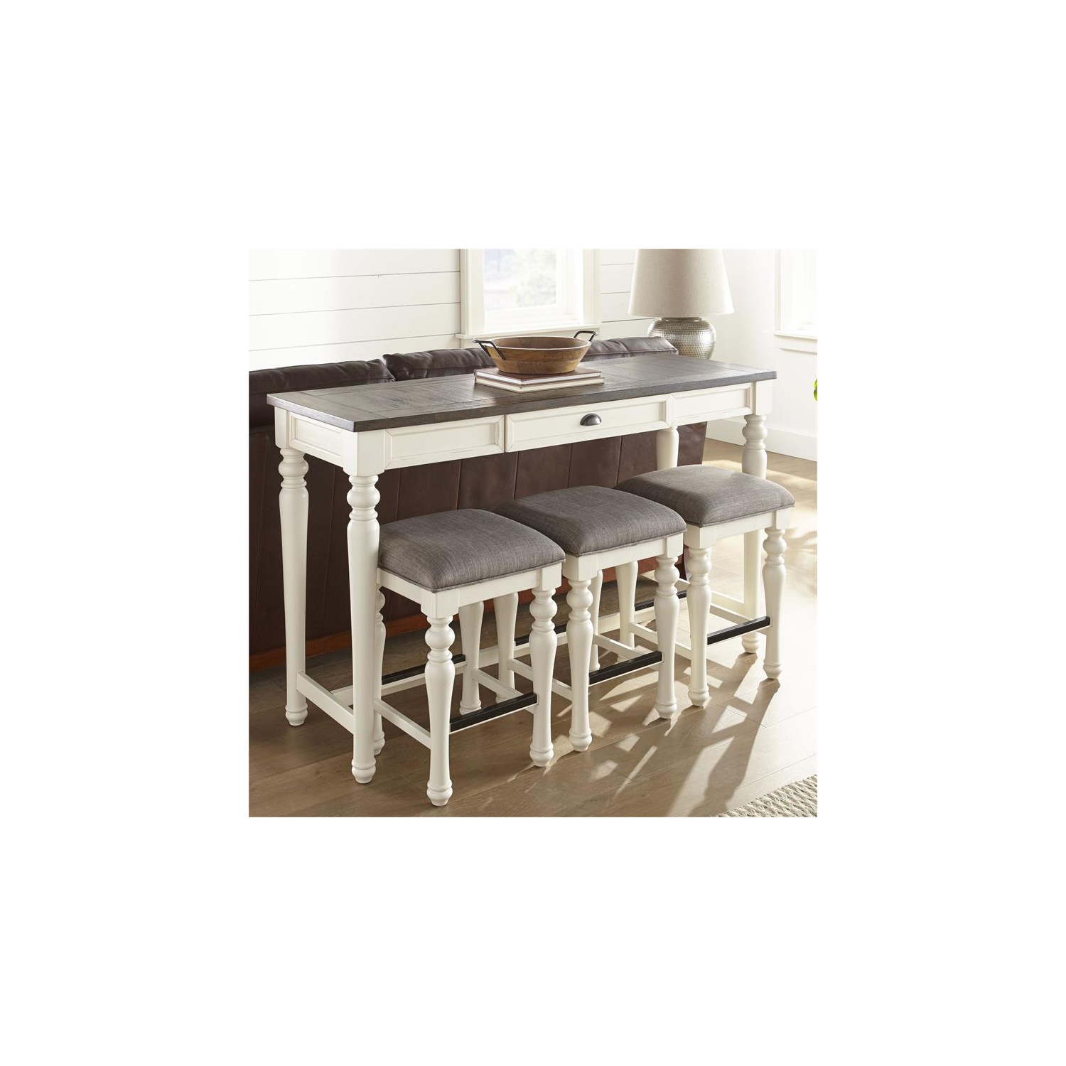 Ensemble de 4 pièces avec sofa-bar deux tons ivoire vieilli et bois moka Joanna