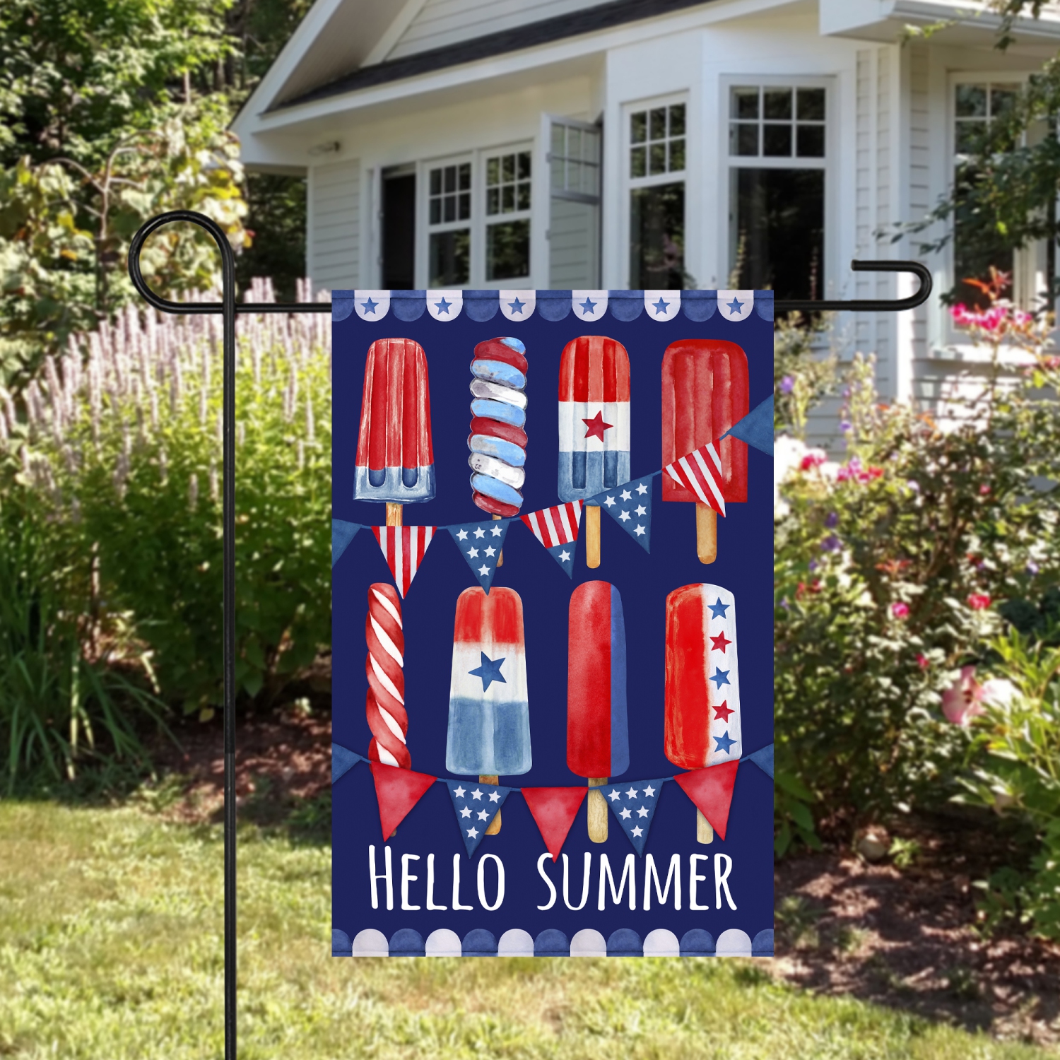 Hello Summer Patriotic Americana Popsicle Garden Flag 12.5" x 18"