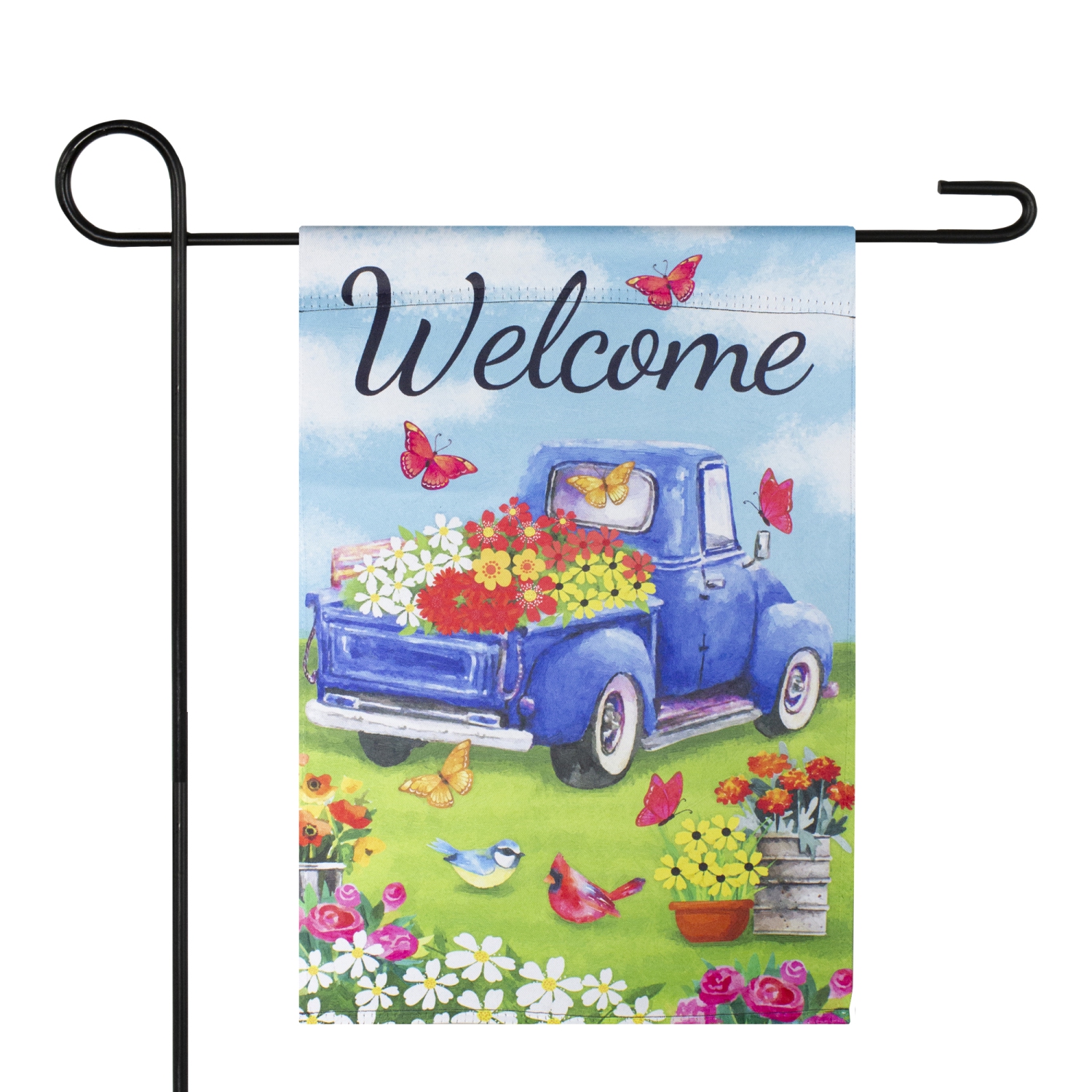Welcome Blue Pickup Truck with Spring Flowers Outdoor Garden Flag 12.5" x 18"