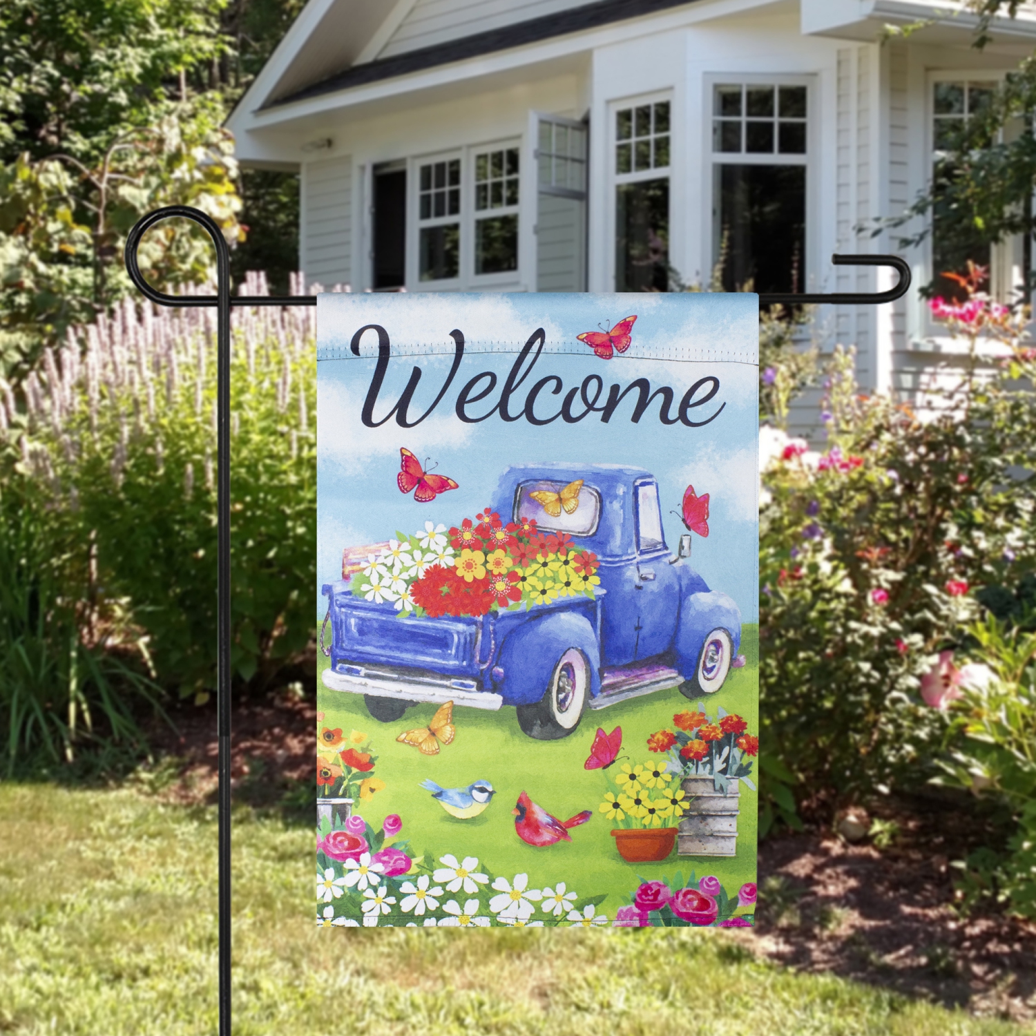 Welcome Blue Pickup Truck with Spring Flowers Outdoor Garden Flag 12.5" x 18"