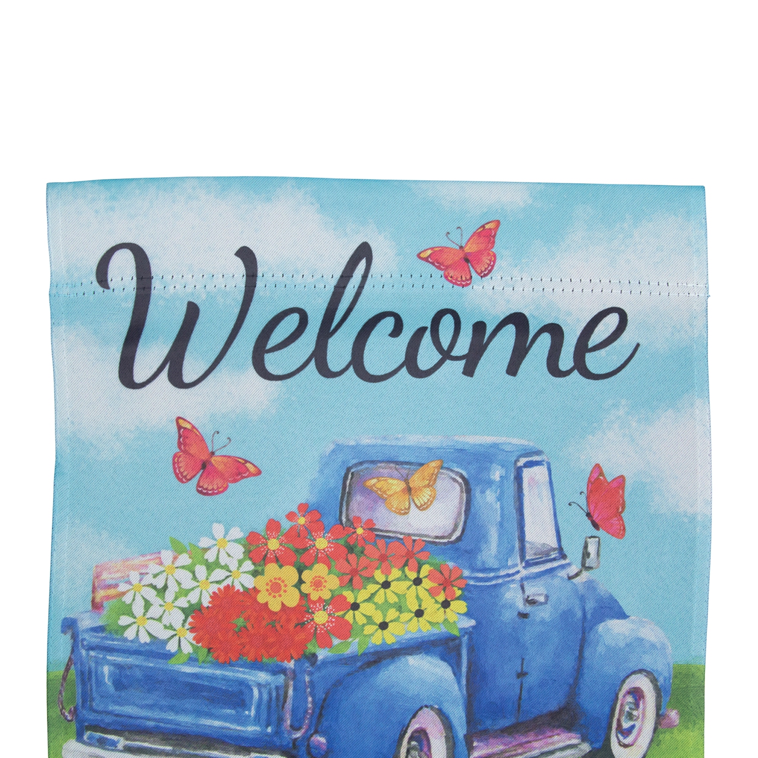 Welcome Blue Pickup Truck with Spring Flowers Outdoor Garden Flag 12.5" x 18"