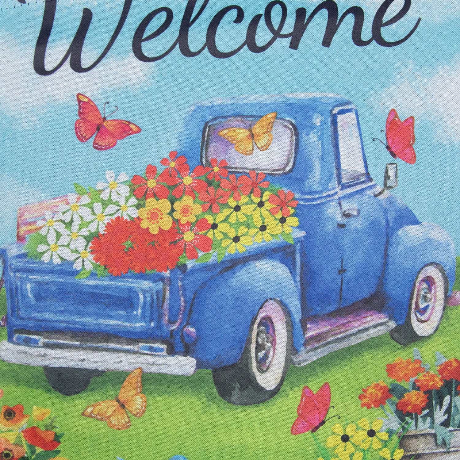 Welcome Blue Pickup Truck with Spring Flowers Outdoor Garden Flag 12.5" x 18"