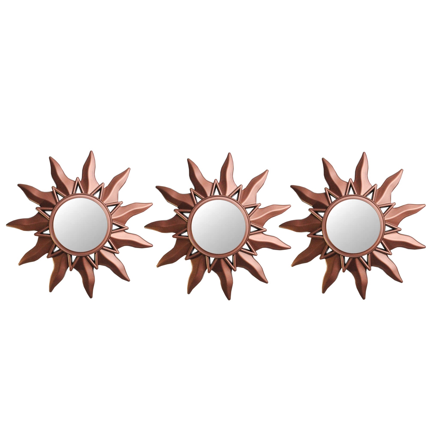 Set of 3 Mayan Sunburst Matte Copper Round Mini Mirrors 9.5"