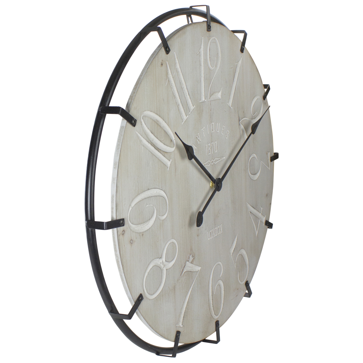 Horloge murale ronde rustique en métal et en bois - 23,5 po - Noir